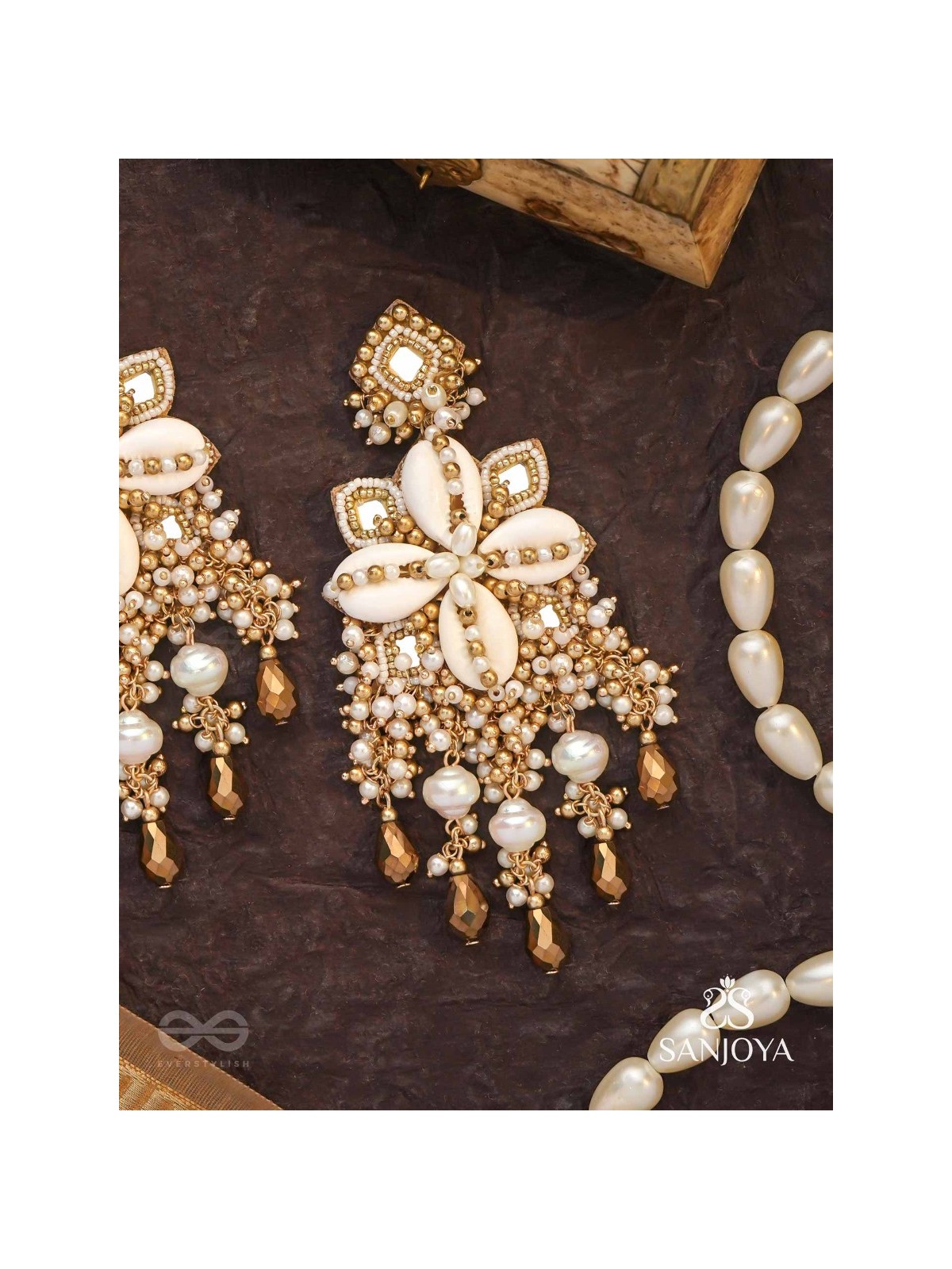 Sambuka- The Golden Snowflakes - Beads, Shells And Glass Drop Hand Embroidered Earrings