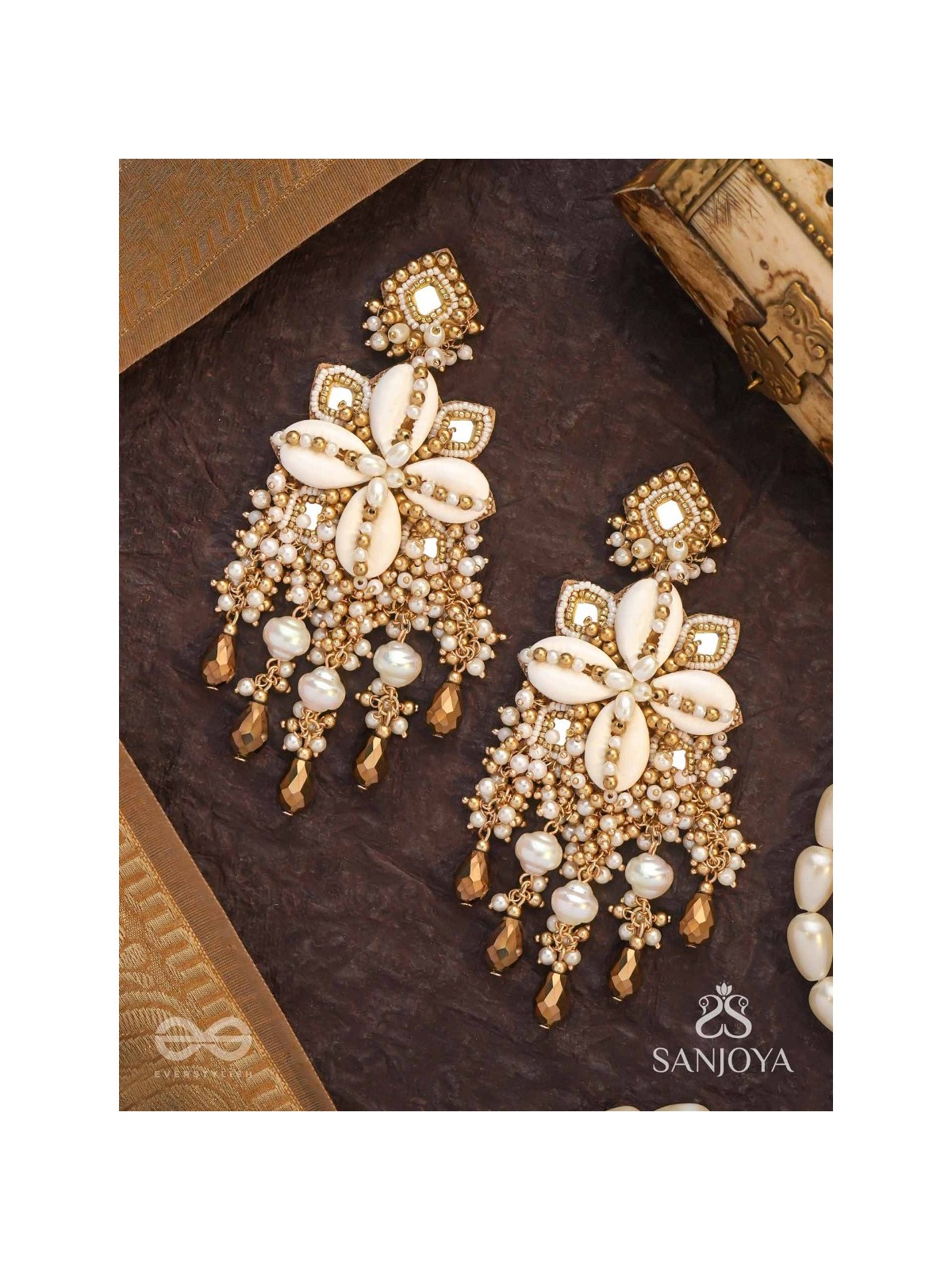 Sambuka- The Golden Snowflakes - Beads, Shells And Glass Drop Hand Embroidered Earrings