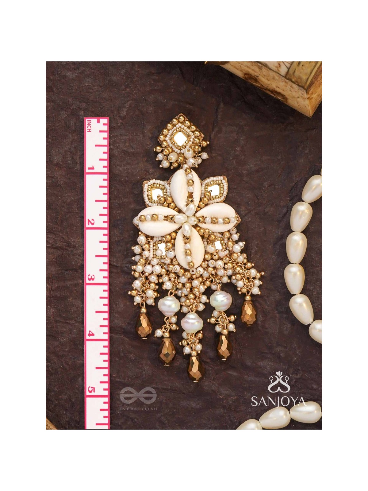 Sambuka- The Golden Snowflakes - Beads, Shells And Glass Drop Hand Embroidered Earrings