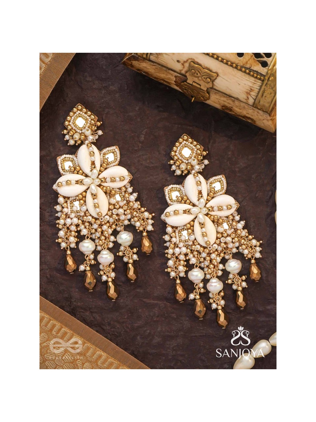 Sambuka- The Golden Snowflakes - Beads, Shells And Glass Drop Hand Embroidered Earrings