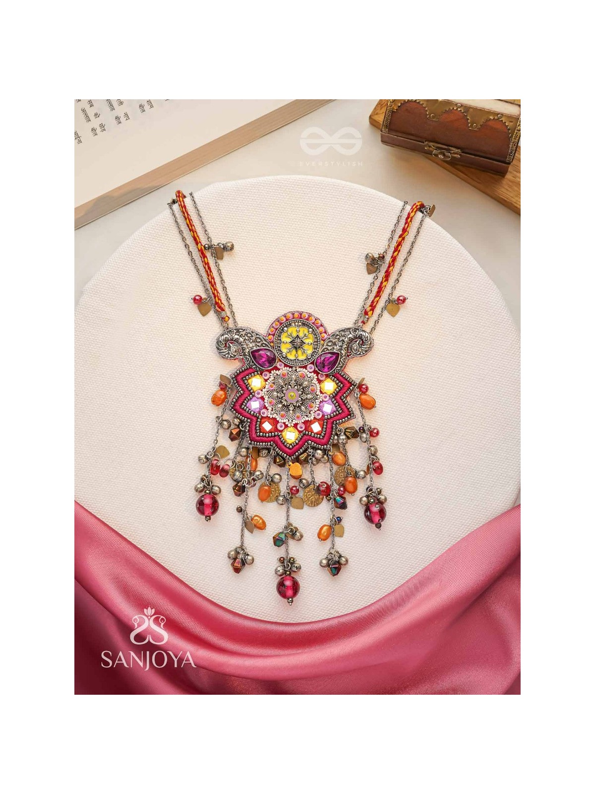 Ucchvasita - The Royal Bloom - Stones, Mirror And Beads Hand Embroidered Oxidized Neckpiece
