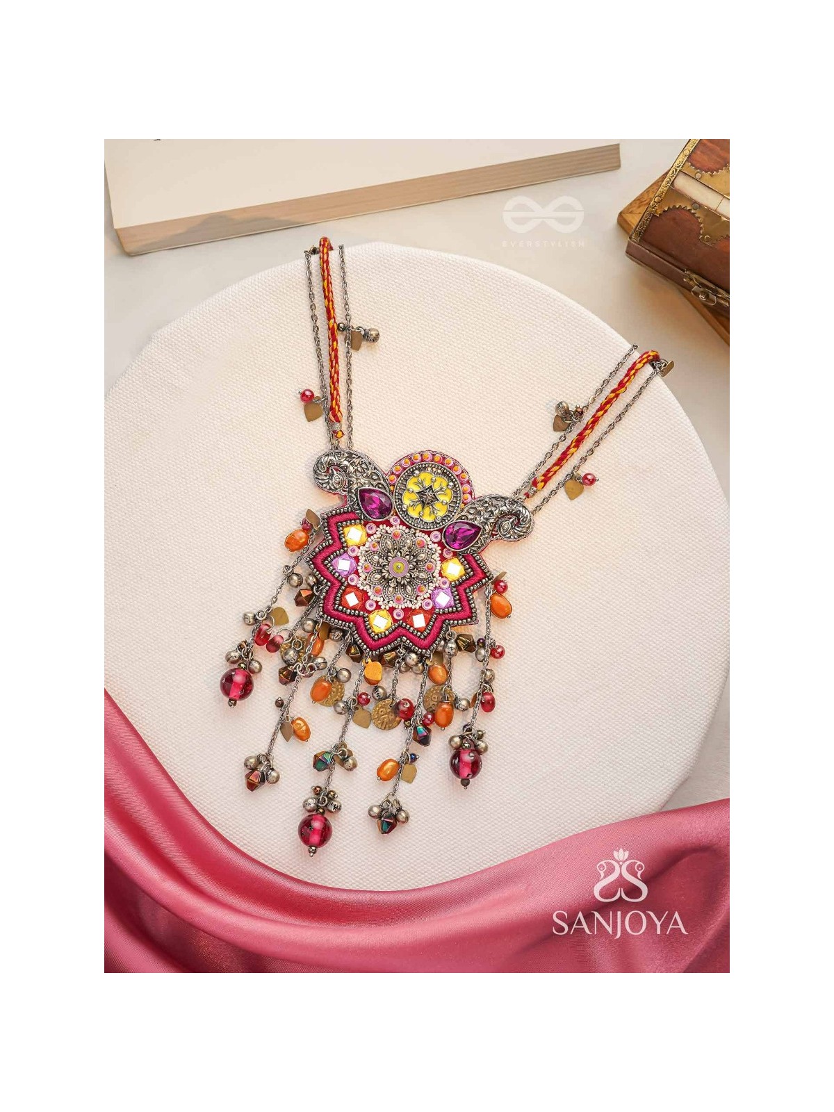 Ucchvasita - The Royal Bloom - Stones, Mirror And Beads Hand Embroidered Oxidized Neckpiece