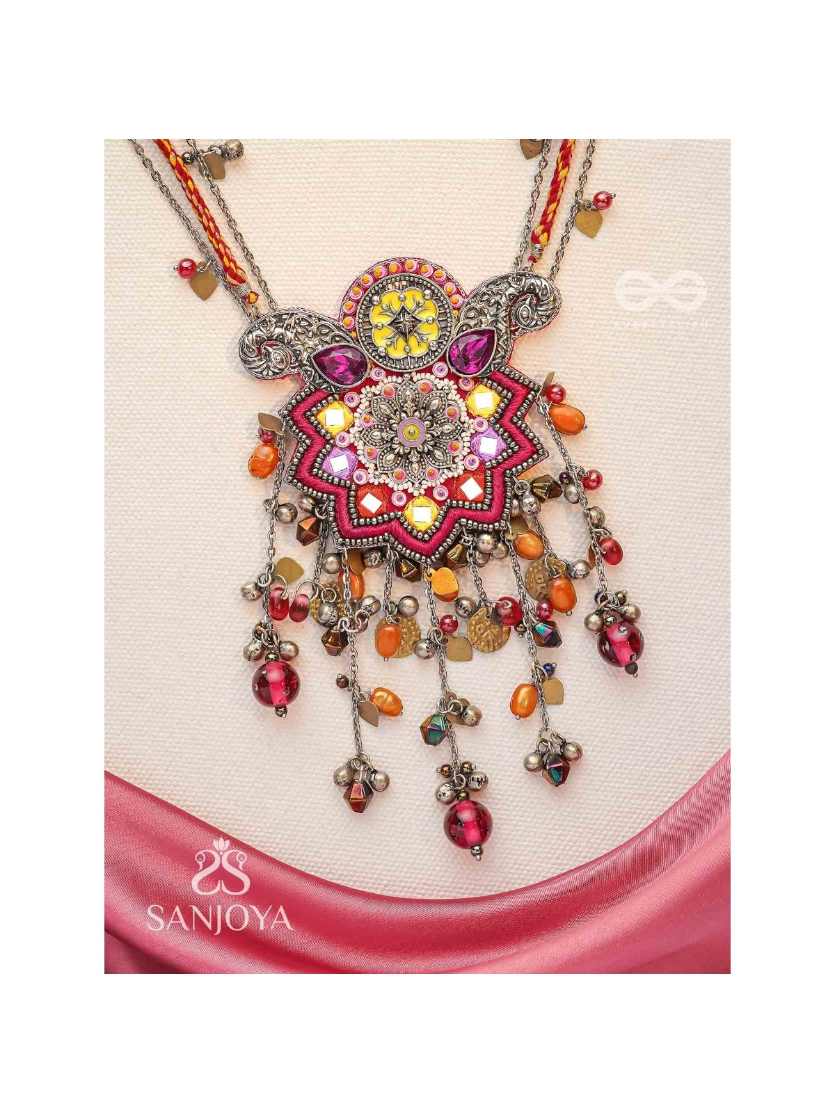 Ucchvasita - The Royal Bloom - Stones, Mirror And Beads Hand Embroidered Oxidized Neckpiece