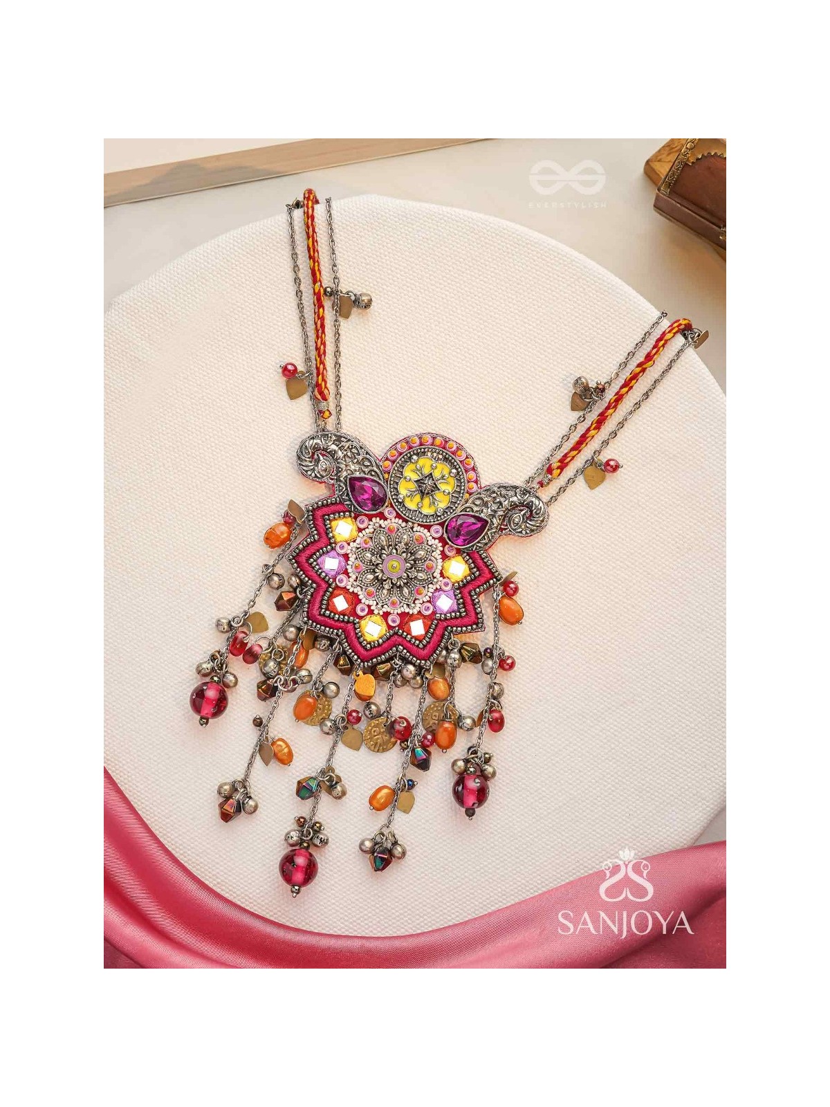 Ucchvasita - The Royal Bloom - Stones, Mirror And Beads Hand Embroidered Oxidized Neckpiece