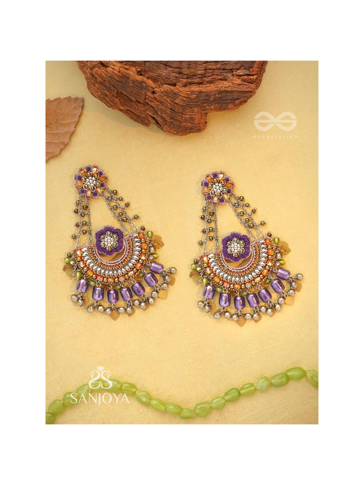 Anandabhuj- The Auroral Merriment- Resham, Beads And Glass Drops Hand Embroidered Oxidised Earrings