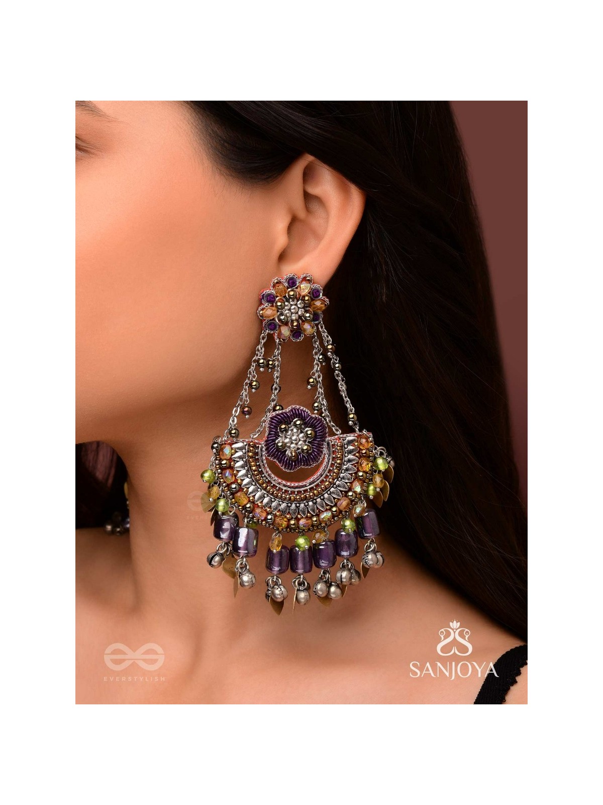 Anandabhuj- The Auroral Merriment- Resham, Beads And Glass Drops Hand Embroidered Oxidised Earrings