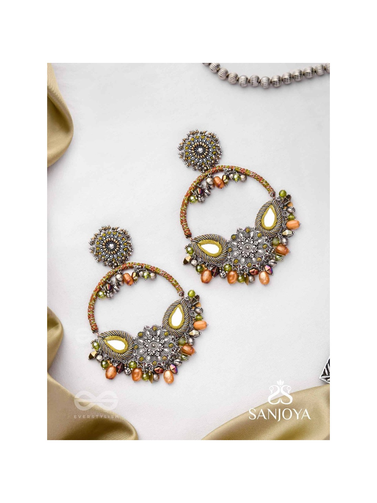 Haarin- The Divine Deer- Resham, Mirror And Glass Drops Hand Embroidered Oxidised Earrings