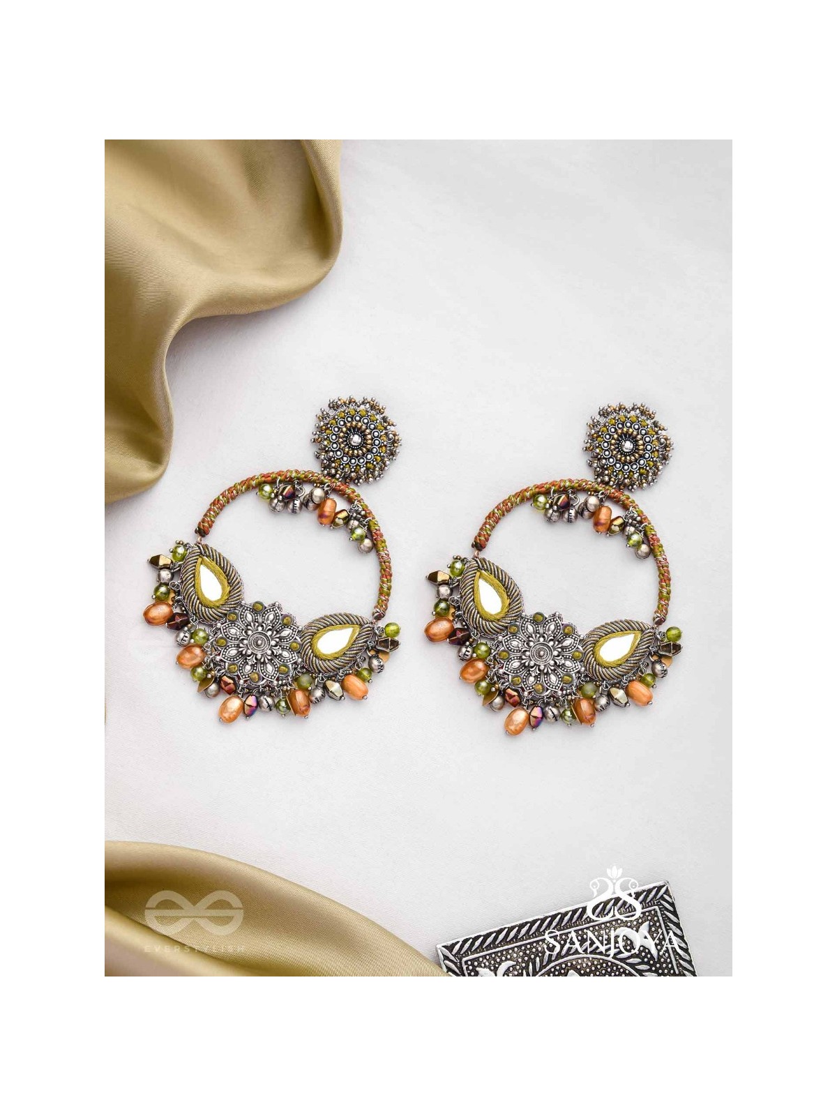 Haarin- The Divine Deer- Resham, Mirror And Glass Drops Hand Embroidered Oxidised Earrings