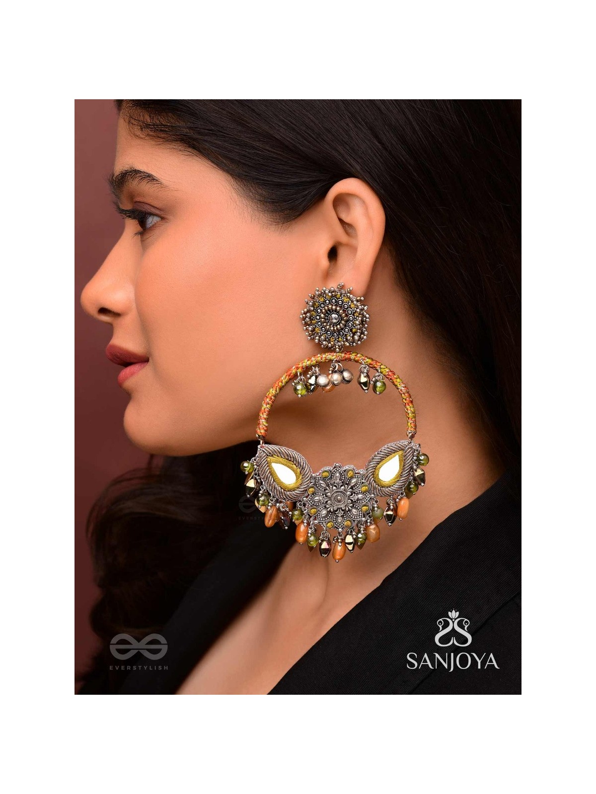 Haarin- The Divine Deer- Resham, Mirror And Glass Drops Hand Embroidered Oxidised Earrings