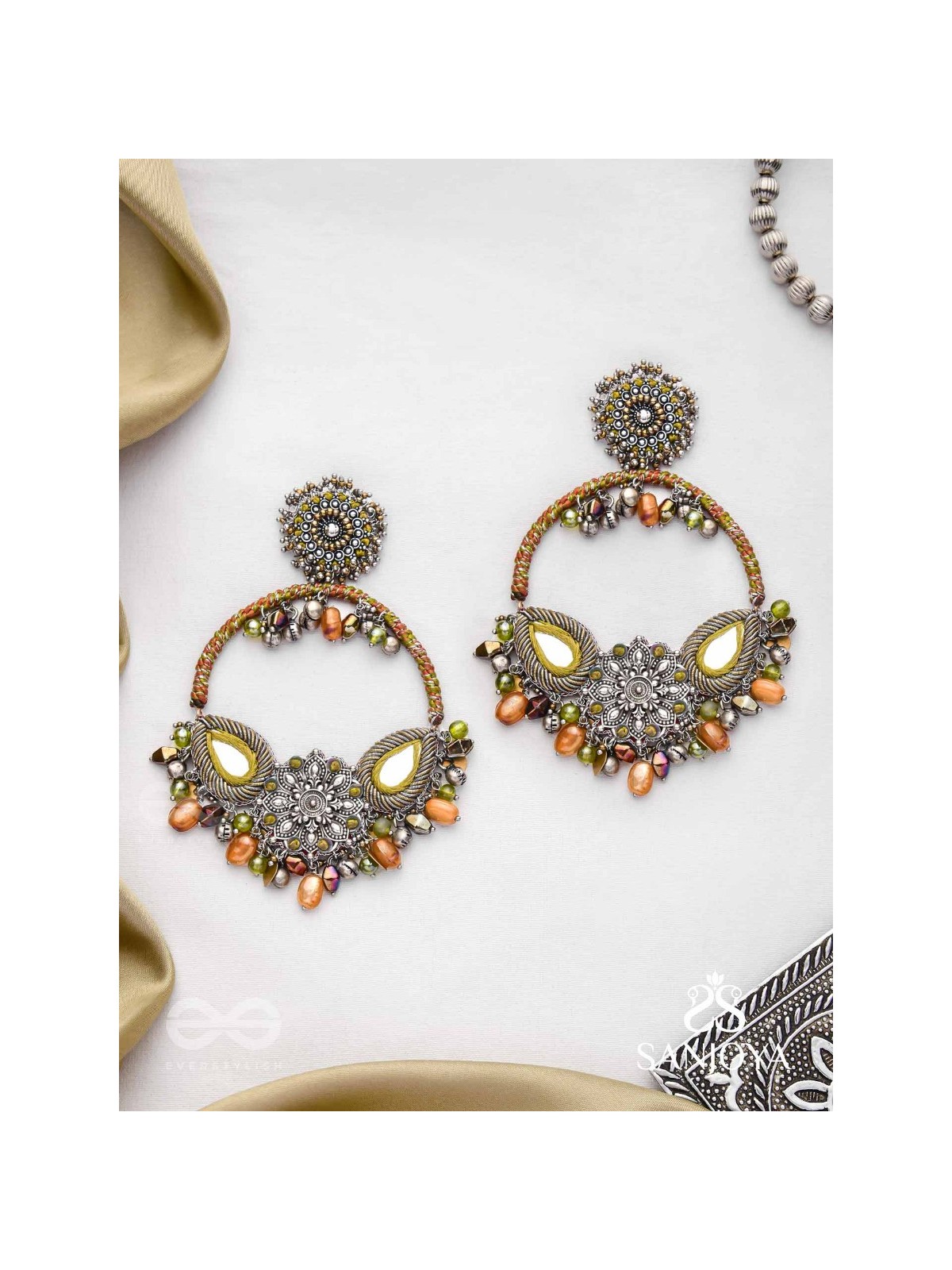 Haarin- The Divine Deer- Resham, Mirror And Glass Drops Hand Embroidered Oxidised Earrings