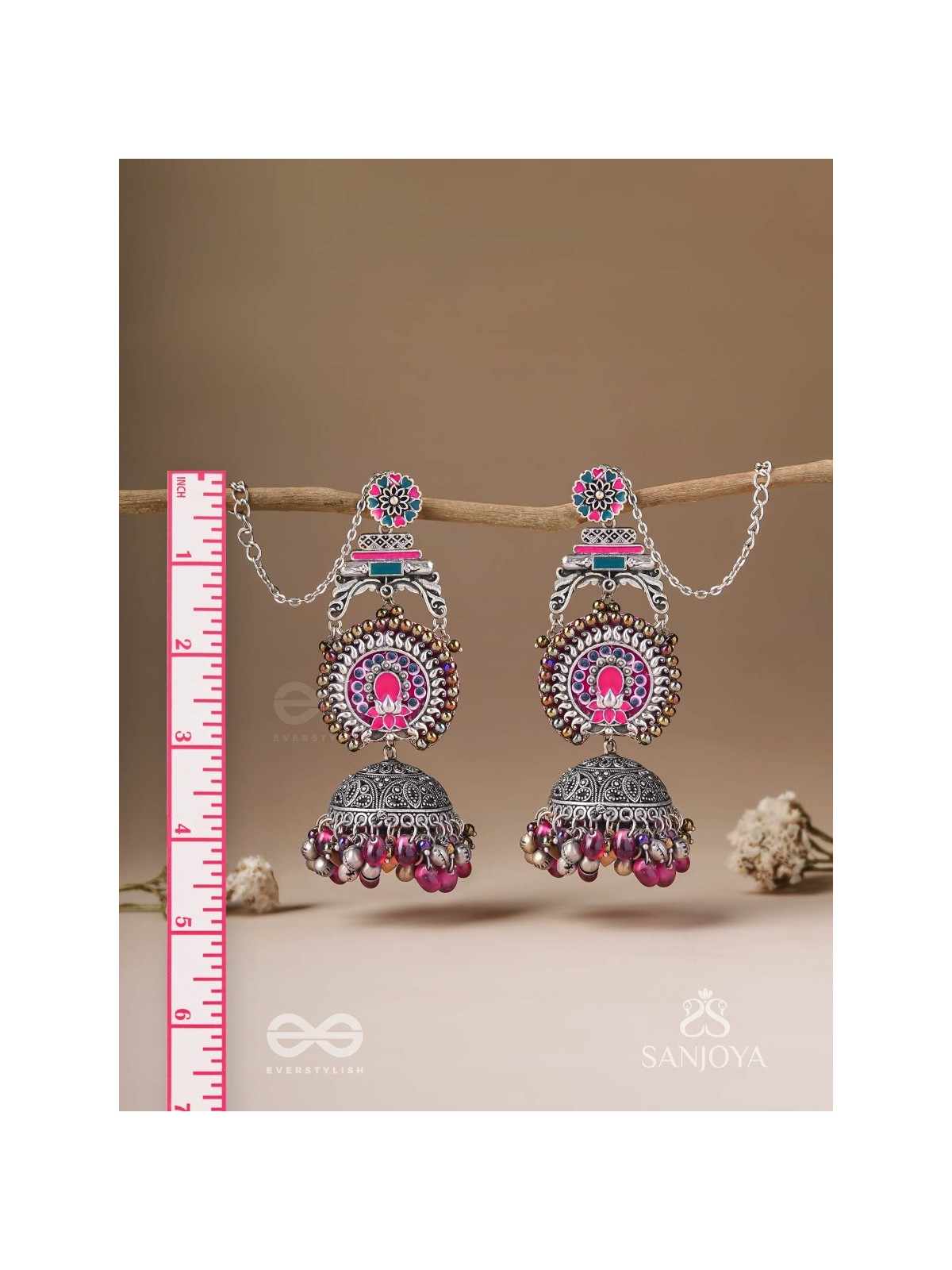 Anikini - The Lotus Manifestation- Enamelled Oxidised Chain Jhumka Earrings