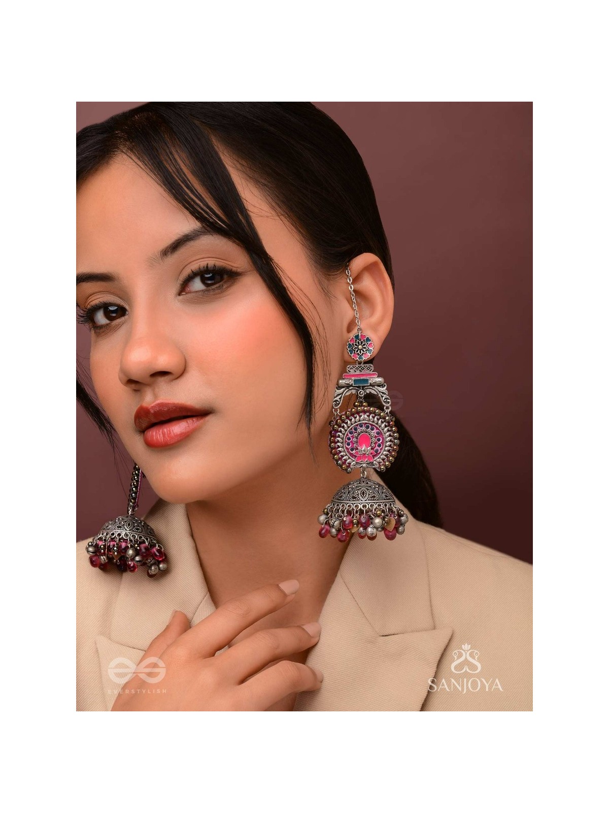 Anikini - The Lotus Manifestation- Enamelled Oxidised Chain Jhumka Earrings