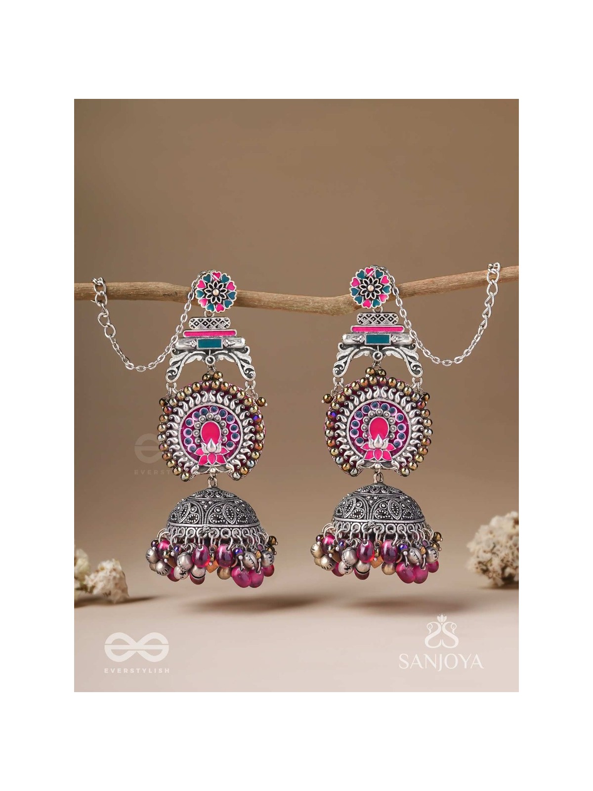Anikini - The Lotus Manifestation- Enamelled Oxidised Chain Jhumka Earrings