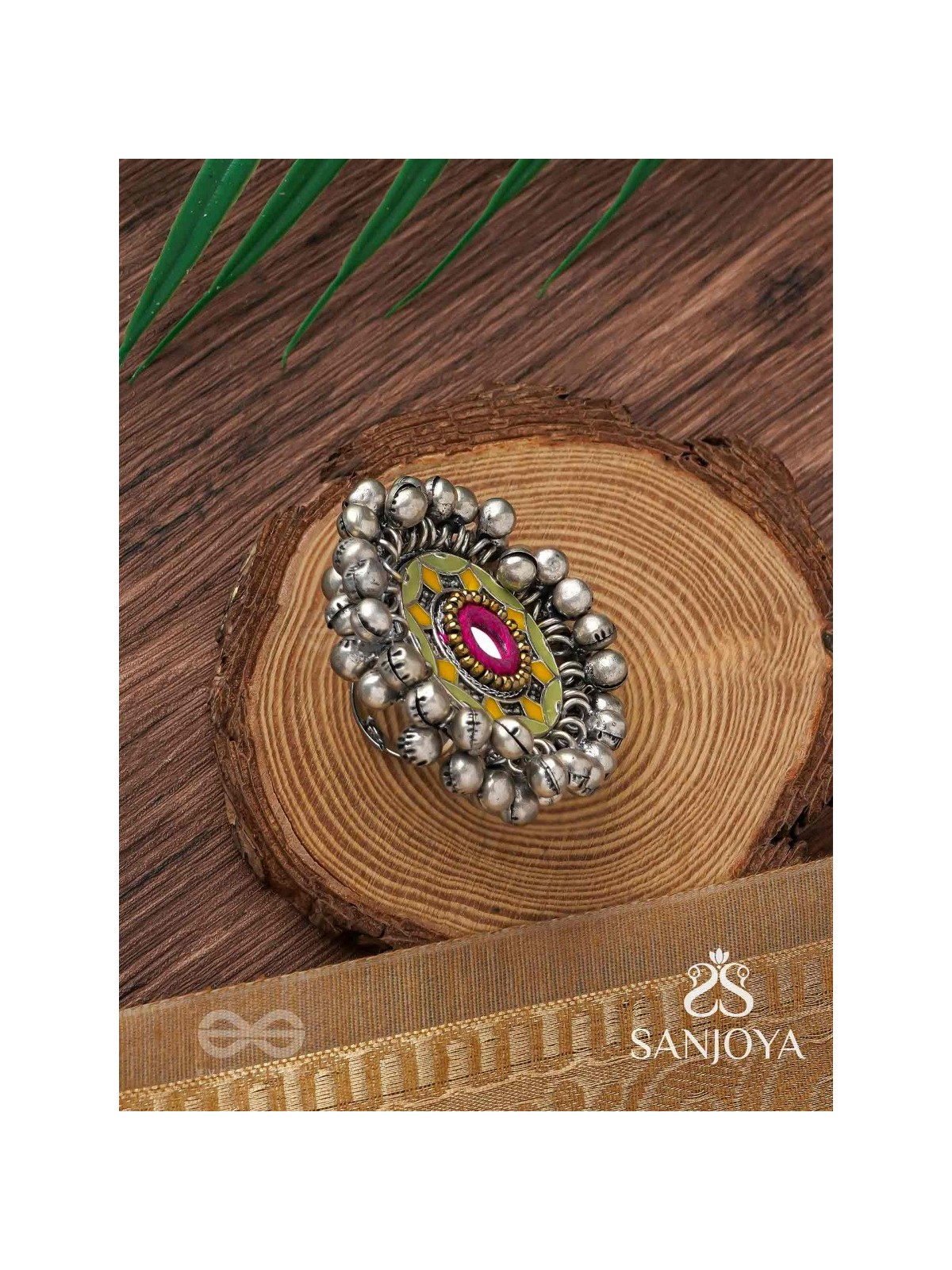 Ekatala - The Colorful Melody - Mirror And Beads Hand Embroidered Enamelled Oxidised Ring