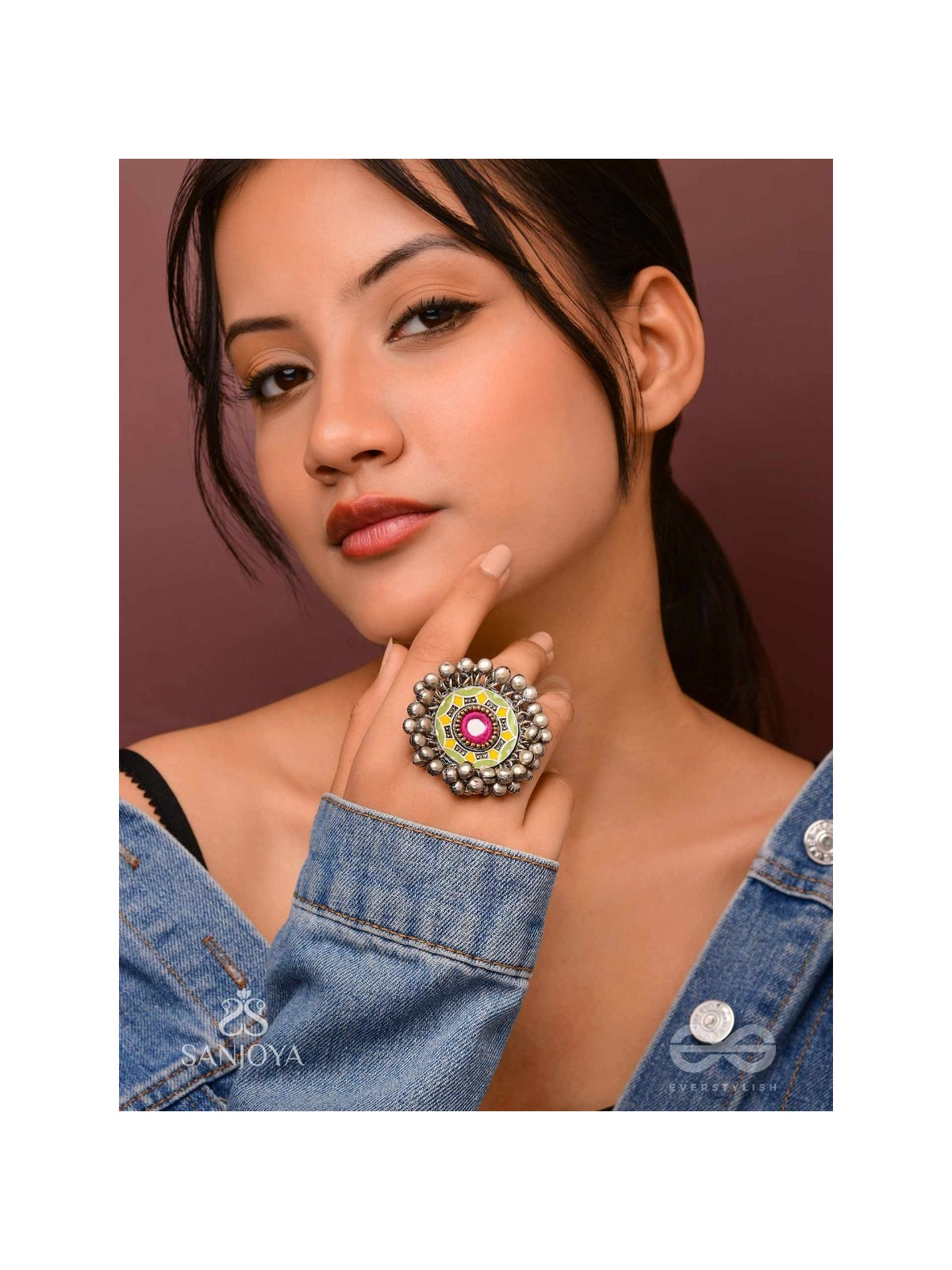Ekatala - The Colorful Melody - Mirror And Beads Hand Embroidered Enamelled Oxidised Ring