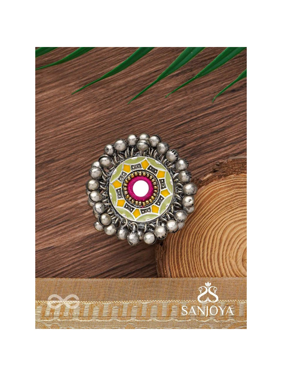 Ekatala - The Colorful Melody - Mirror And Beads Hand Embroidered Enamelled Oxidised Ring