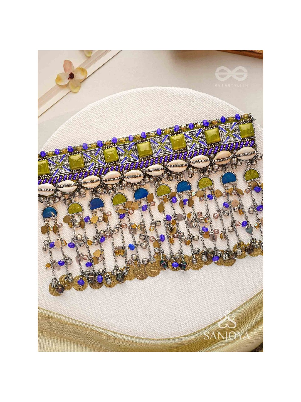 Bhumimaye - The Earthy Cadence - Shells, Beads And Coins Enamelled Hand Embroidered Oxidised Choker Neckpiece