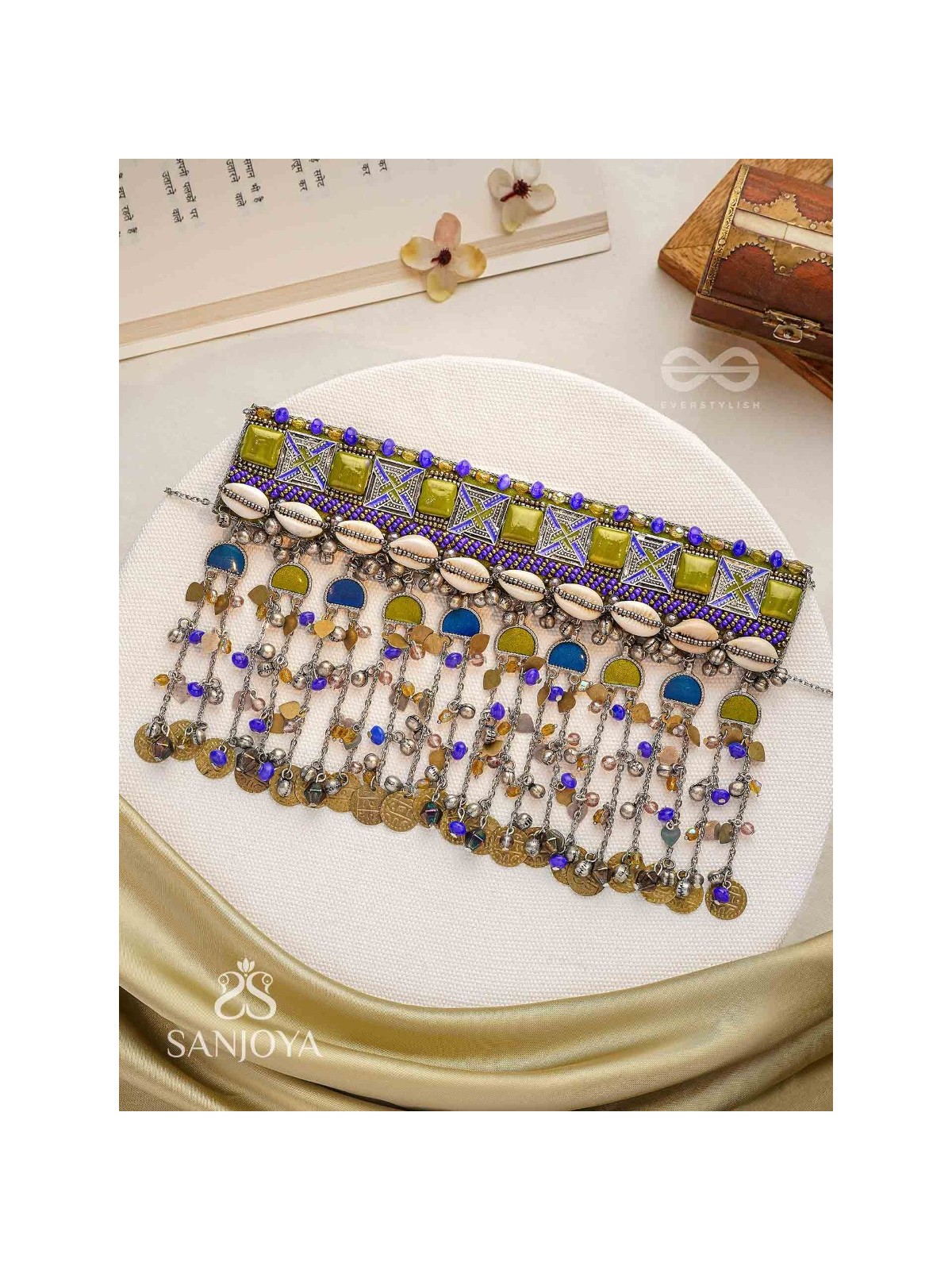 Bhumimaye - The Earthy Cadence - Shells, Beads And Coins Enamelled Hand Embroidered Oxidised Choker Neckpiece