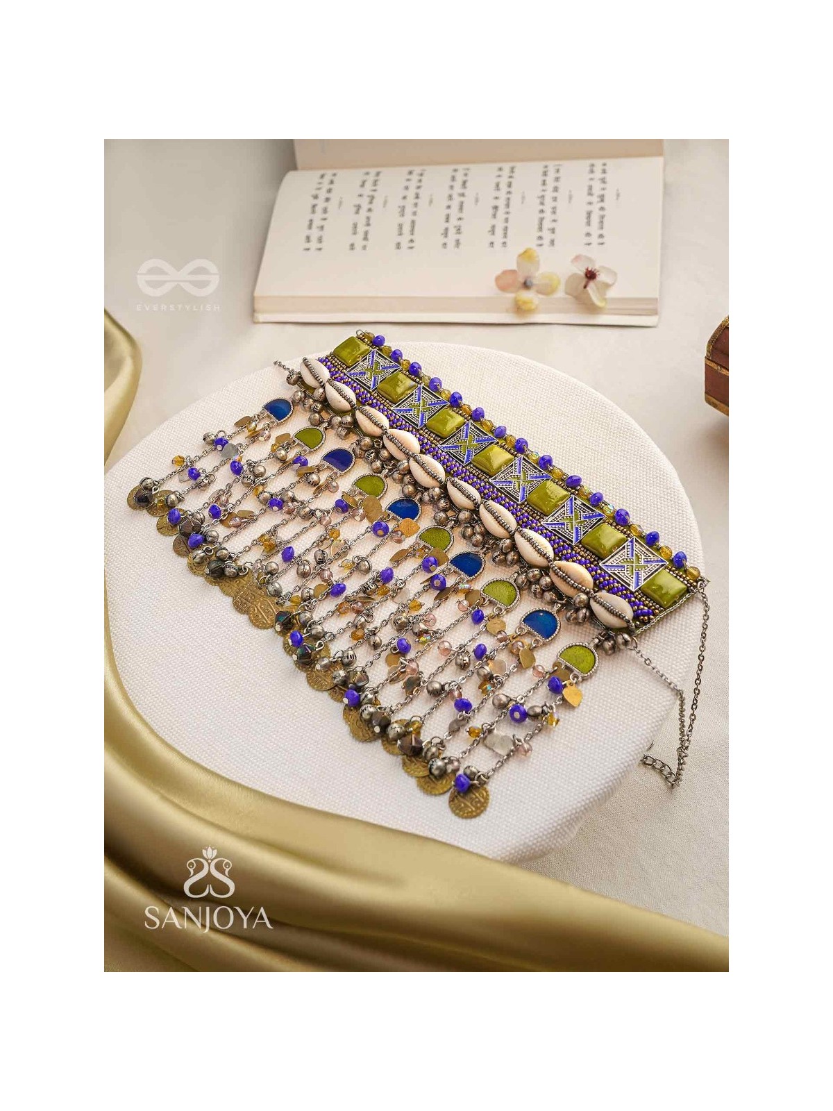 Bhumimaye - The Earthy Cadence - Shells, Beads And Coins Enamelled Hand Embroidered Oxidised Choker Neckpiece