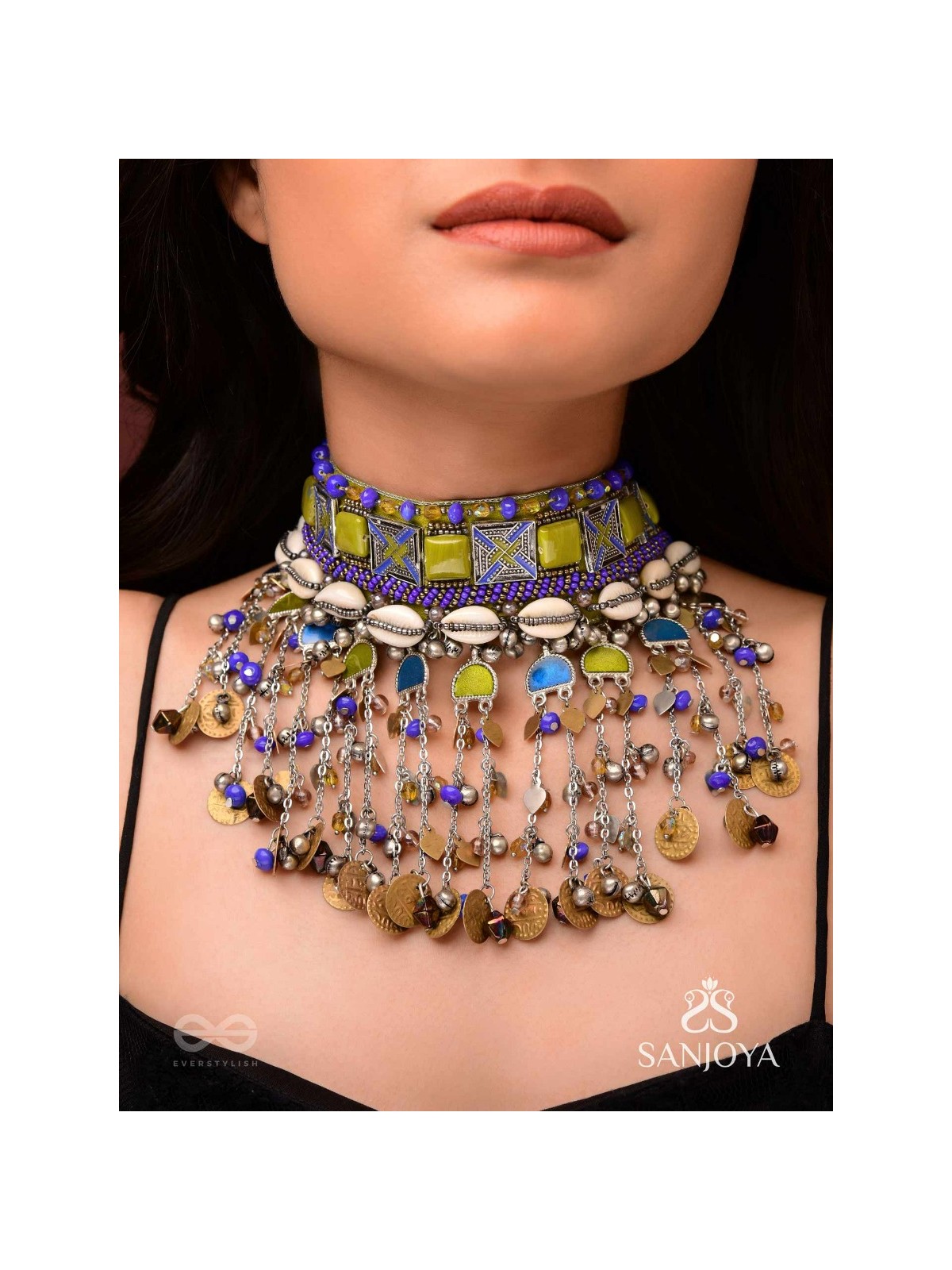 Bhumimaye - The Earthy Cadence - Shells, Beads And Coins Enamelled Hand Embroidered Oxidised Choker Neckpiece