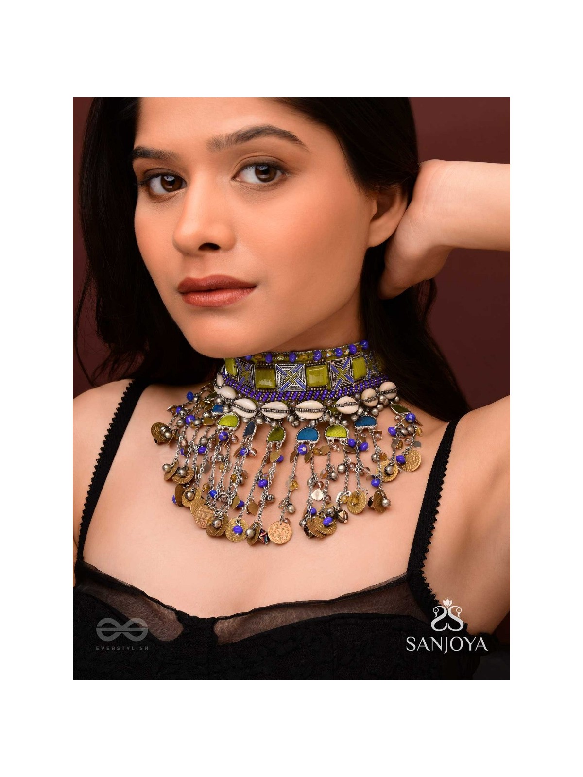 Bhumimaye - The Earthy Cadence - Shells, Beads And Coins Enamelled Hand Embroidered Oxidised Choker Neckpiece