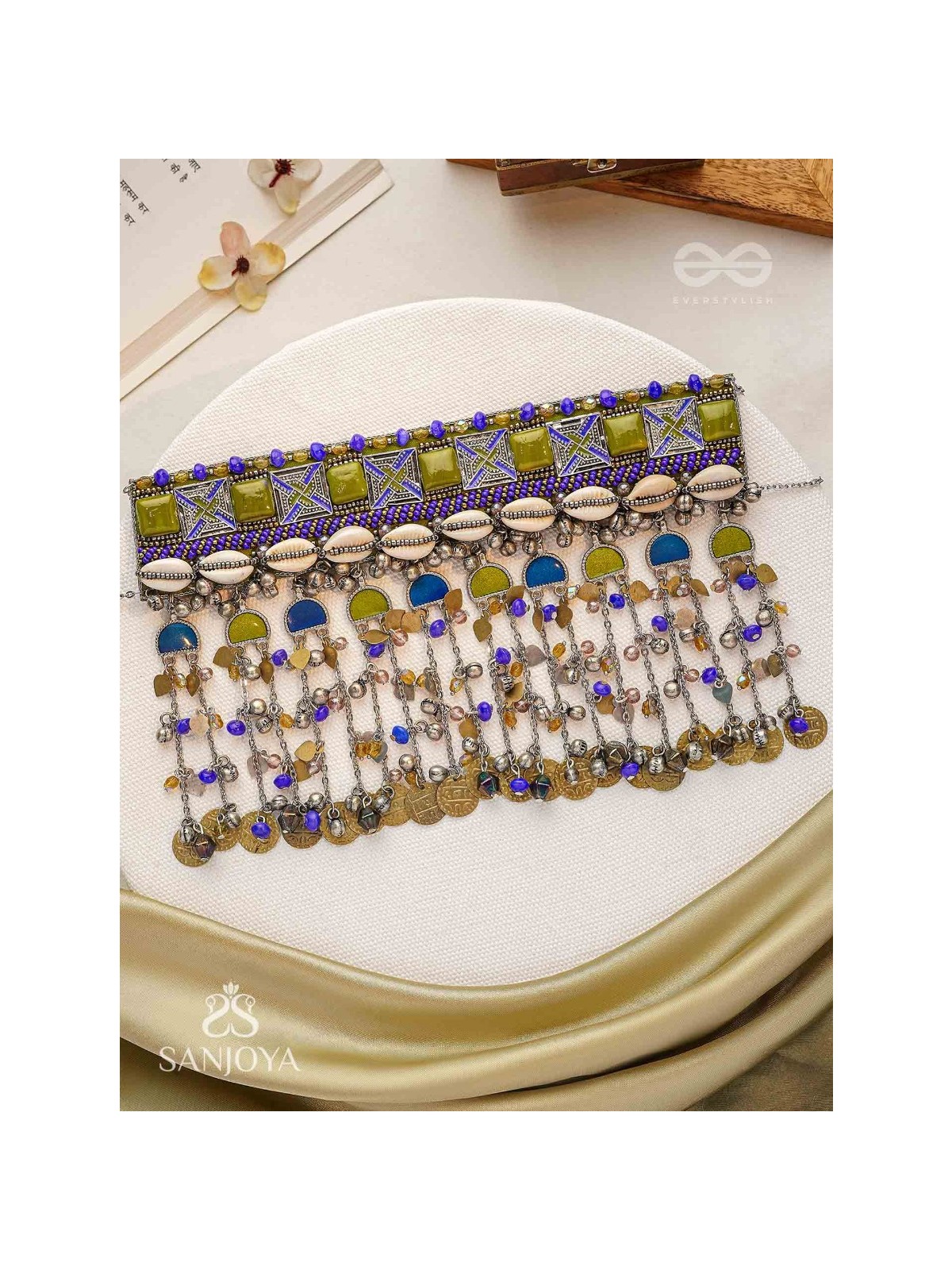 Bhumimaye - The Earthy Cadence - Shells, Beads And Coins Enamelled Hand Embroidered Oxidised Choker Neckpiece