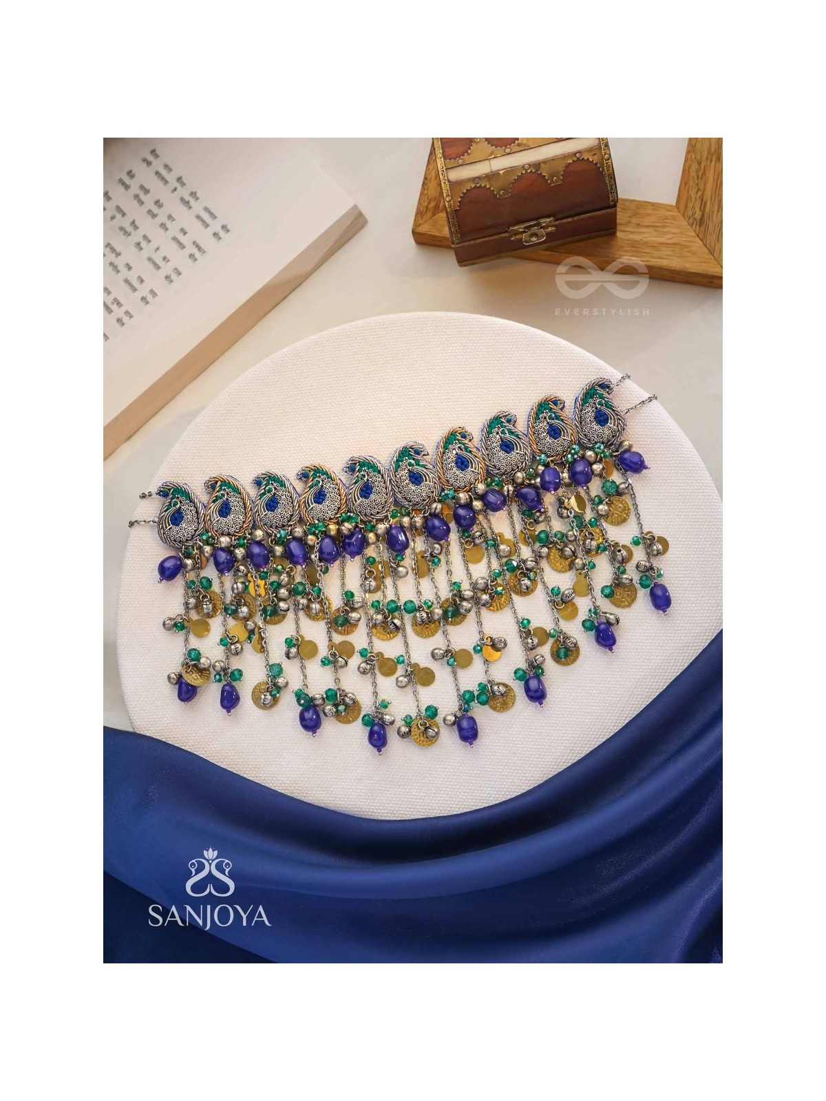 Saikhina - The Drizzling Dance - Glass Beads And Coins Hand Embroidered Oxidised Neckpiece