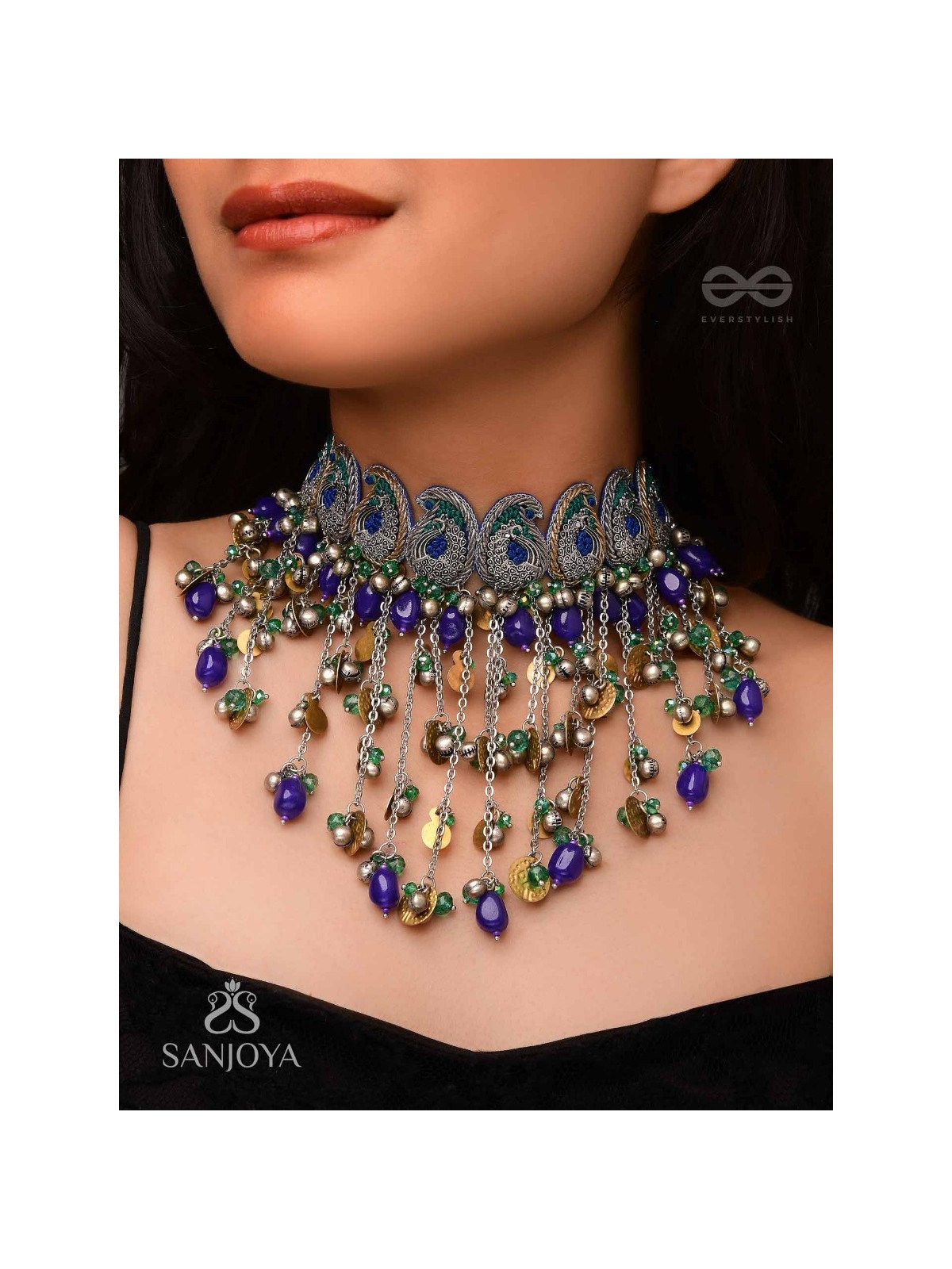 Saikhina - The Drizzling Dance - Glass Beads And Coins Hand Embroidered Oxidised Neckpiece