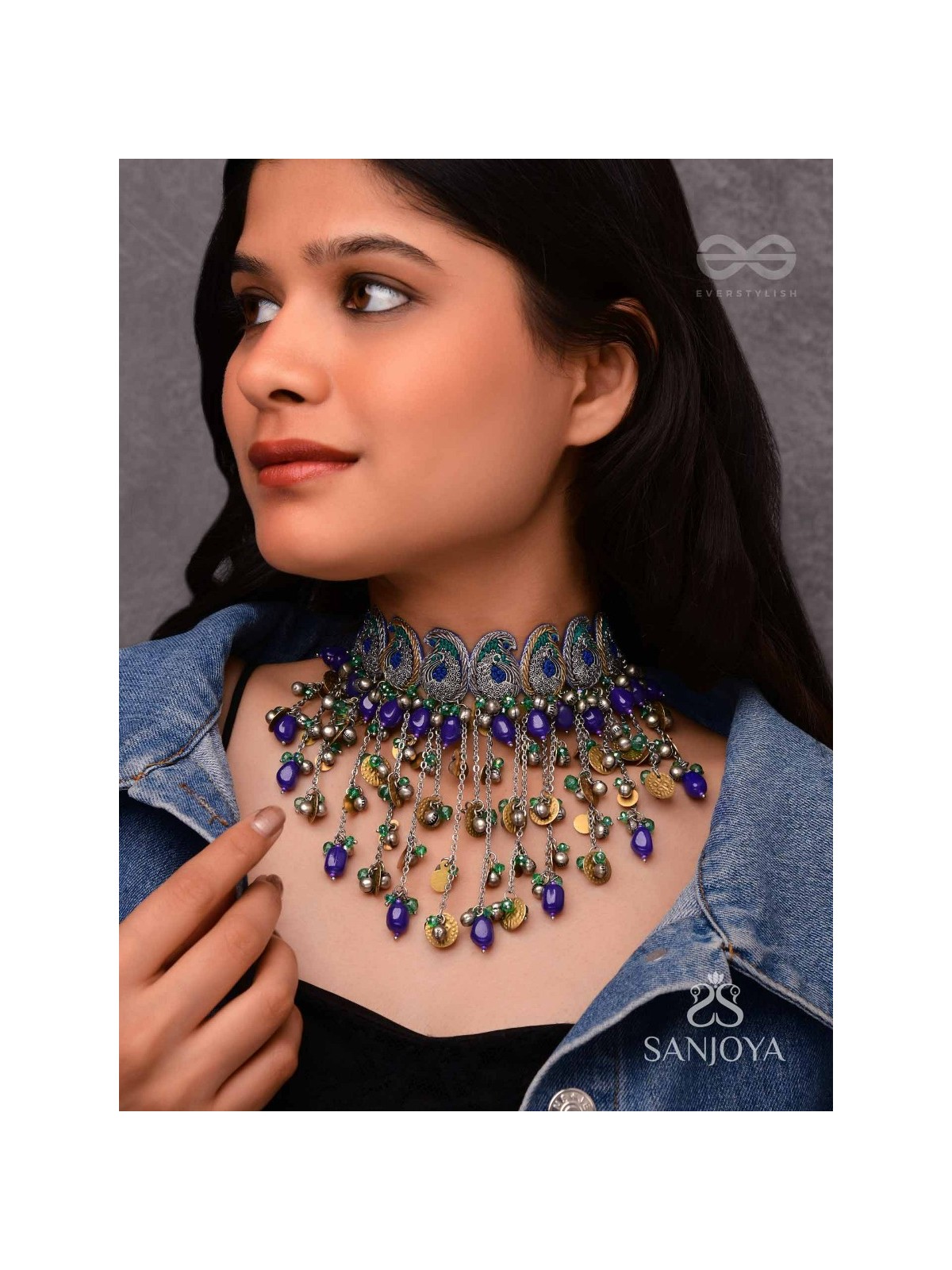 Saikhina - The Drizzling Dance - Glass Beads And Coins Hand Embroidered Oxidised Neckpiece