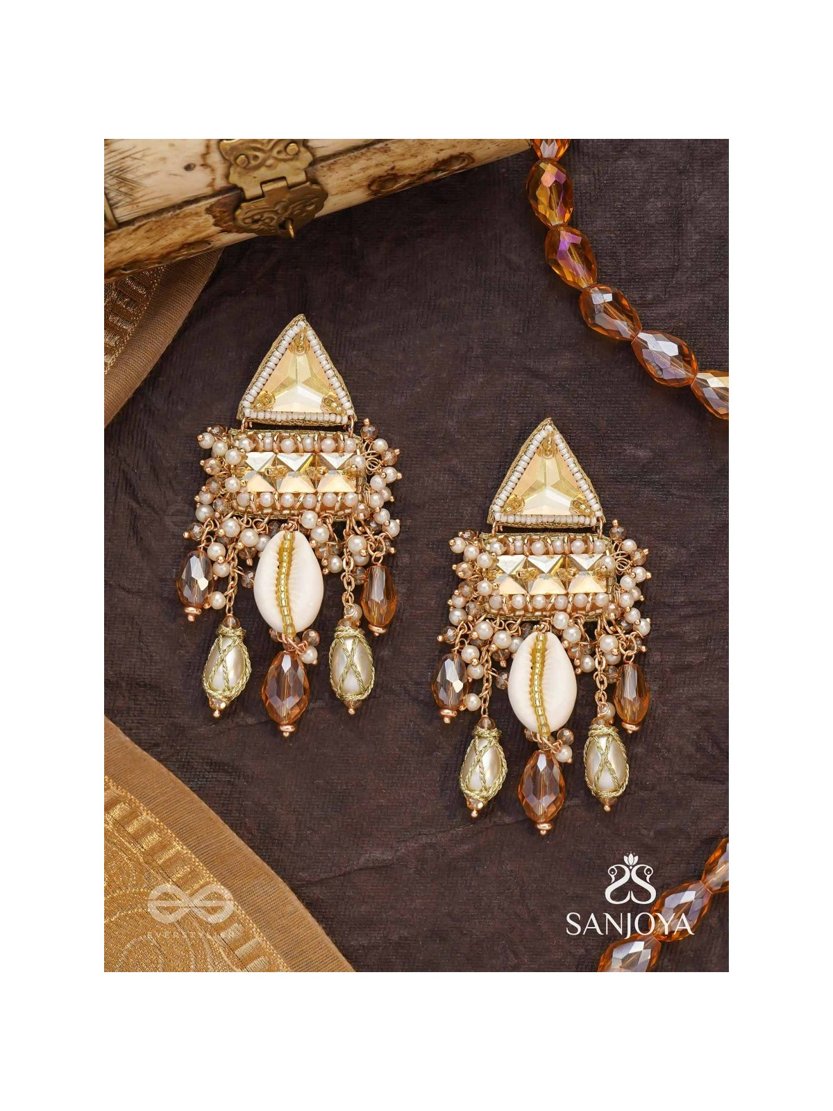 Ruchaka - Coastline Treasures - Beads, Shells And Glass Drop Hand Embroidered Earrings