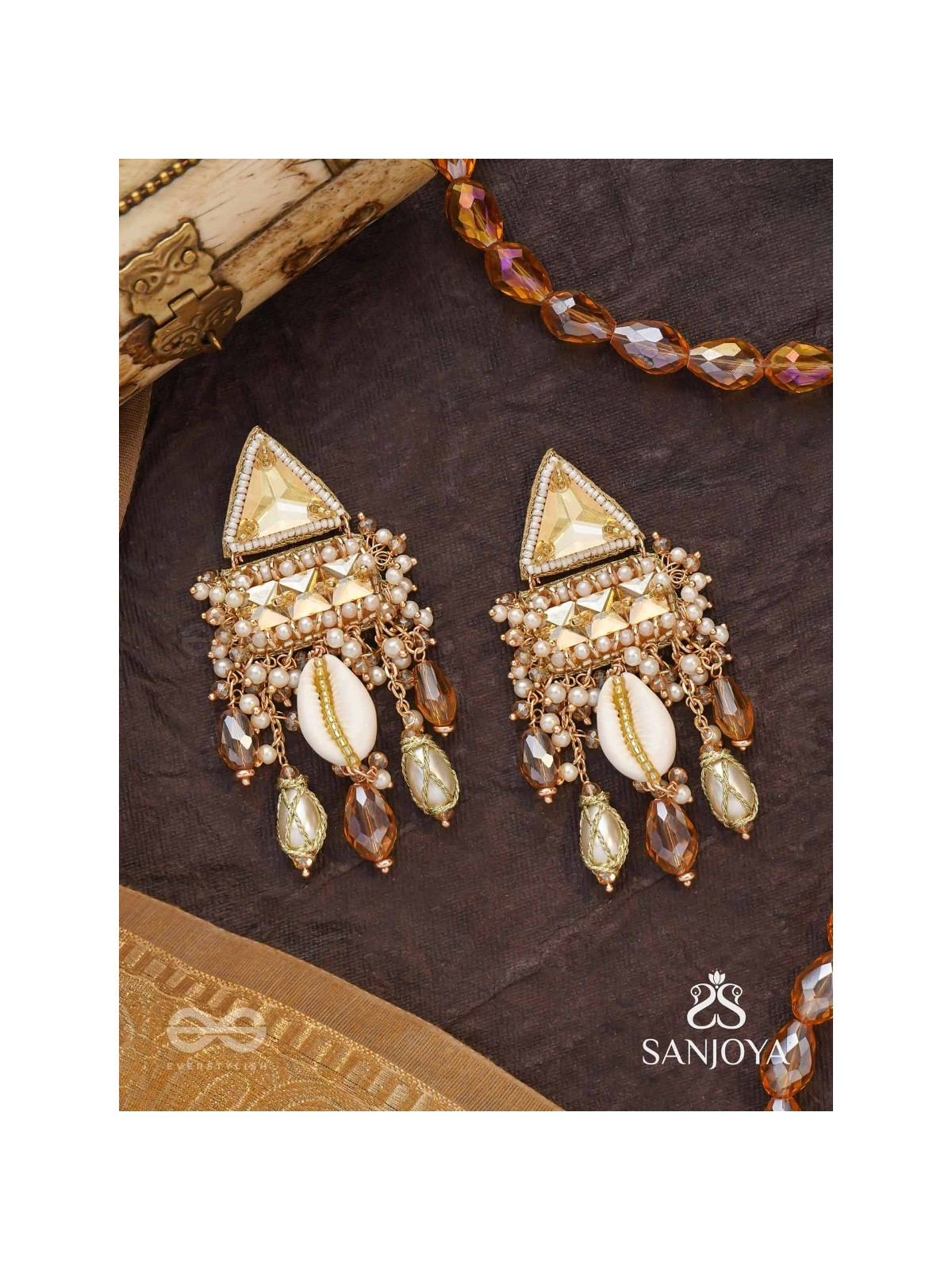 Ruchaka - Coastline Treasures - Beads, Shells And Glass Drop Hand Embroidered Earrings