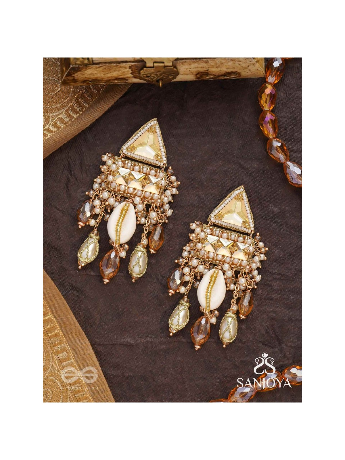 Ruchaka - Coastline Treasures - Beads, Shells And Glass Drop Hand Embroidered Earrings