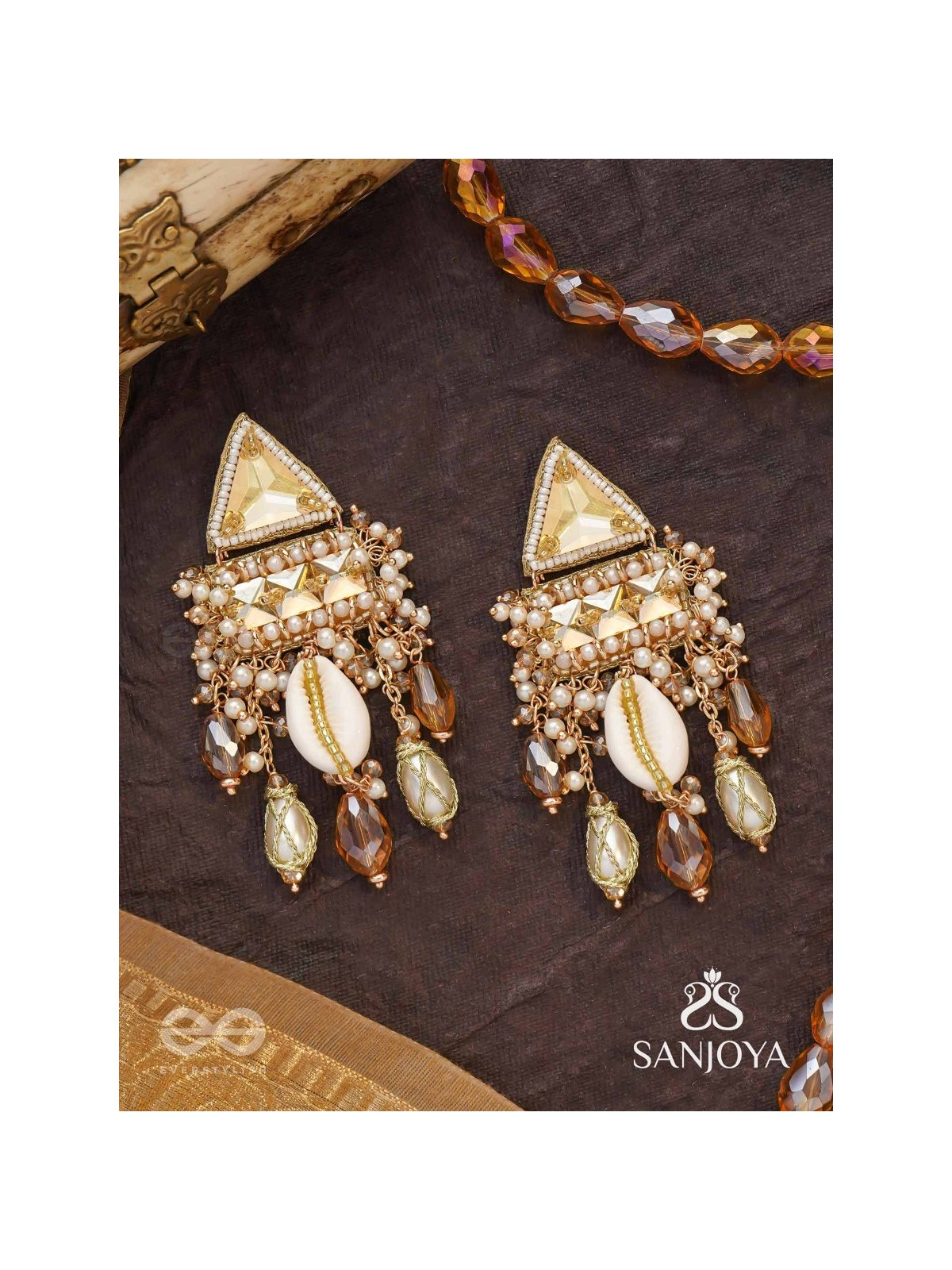 Ruchaka - Coastline Treasures - Beads, Shells And Glass Drop Hand Embroidered Earrings