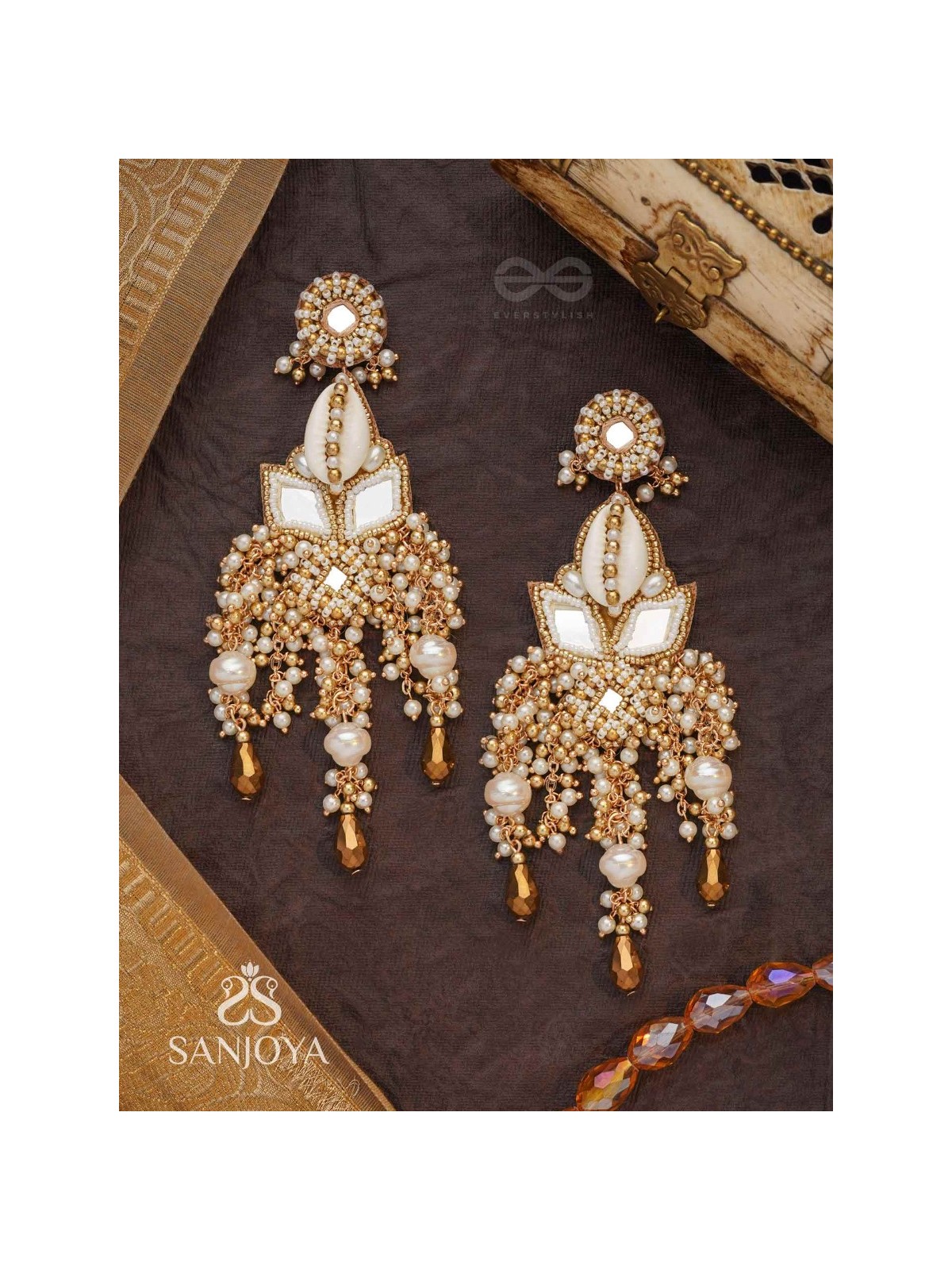 Sahasra - Golden Waves Whisper- Beads, Shells And Glass Drop Hand Embroidered Earrings