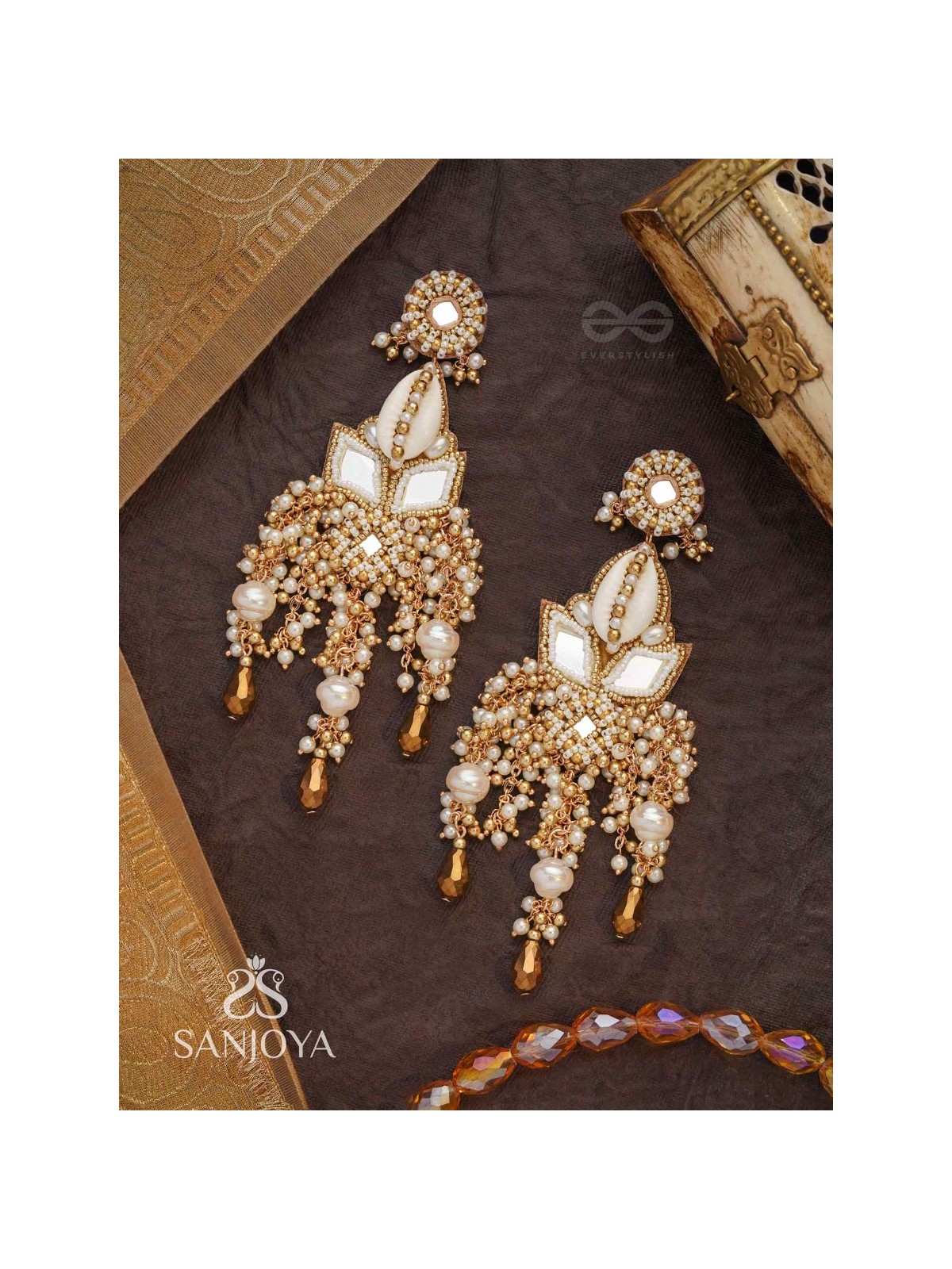 Sahasra - Golden Waves Whisper- Beads, Shells And Glass Drop Hand Embroidered Earrings