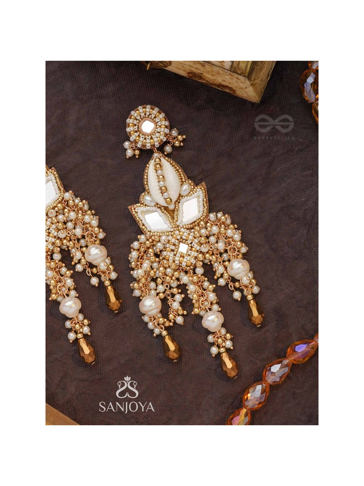 Sahasra - Golden Waves Whisper- Beads, Shells And Glass Drop Hand Embroidered Earrings