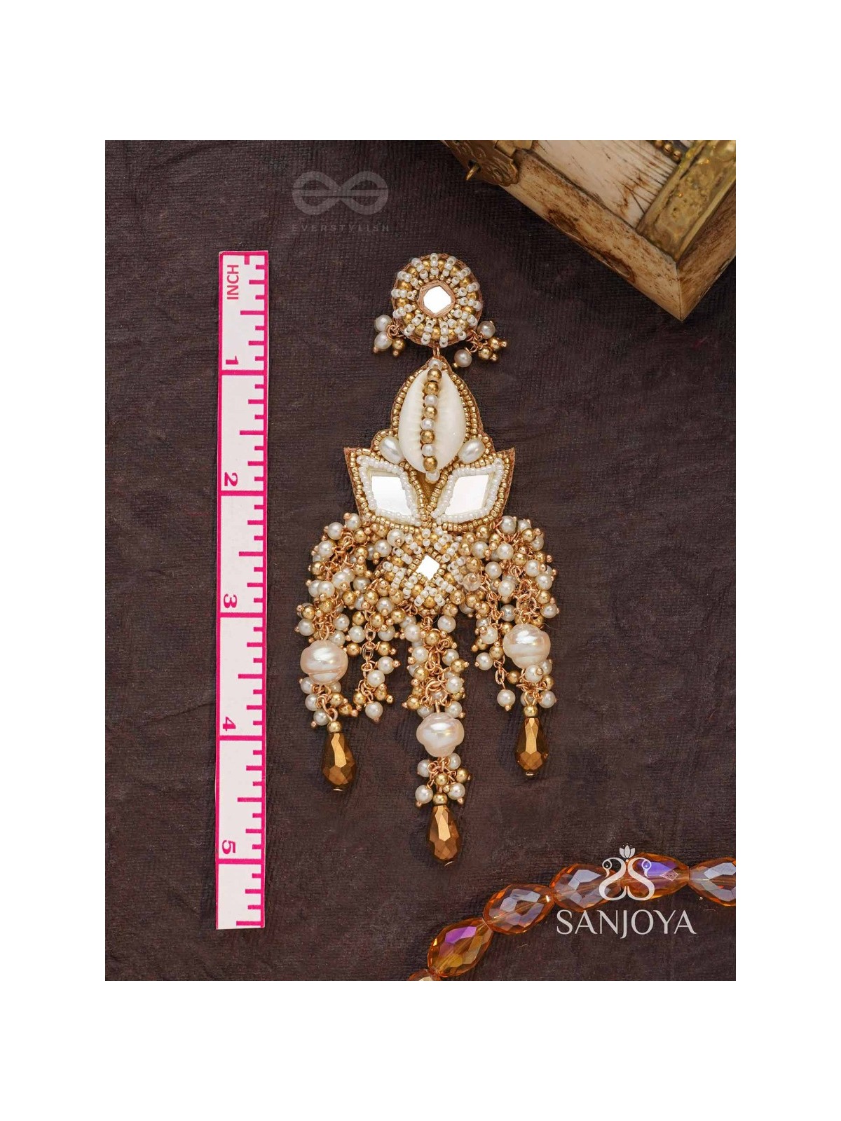 Sahasra - Golden Waves Whisper- Beads, Shells And Glass Drop Hand Embroidered Earrings