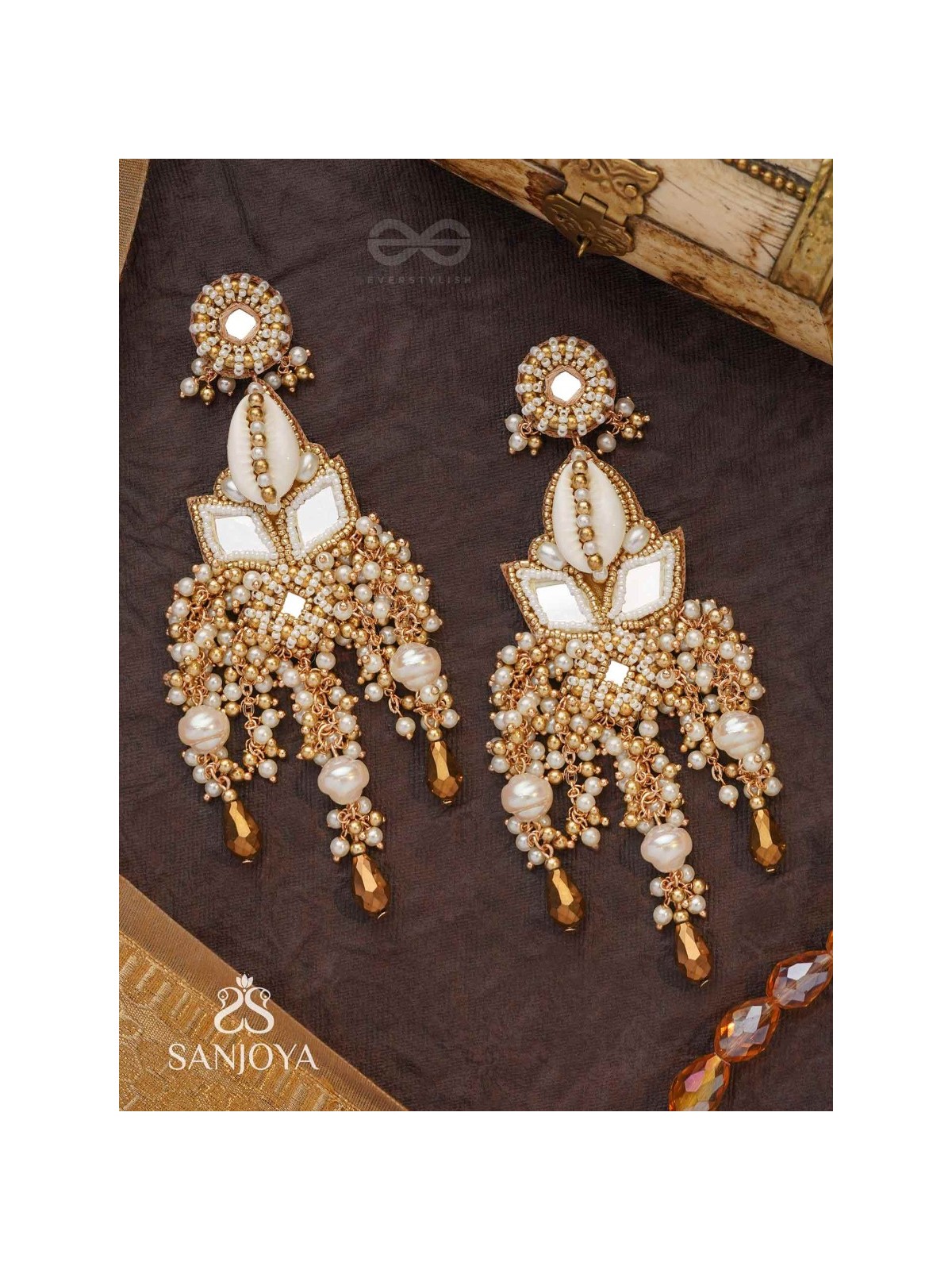 Sahasra - Golden Waves Whisper- Beads, Shells And Glass Drop Hand Embroidered Earrings