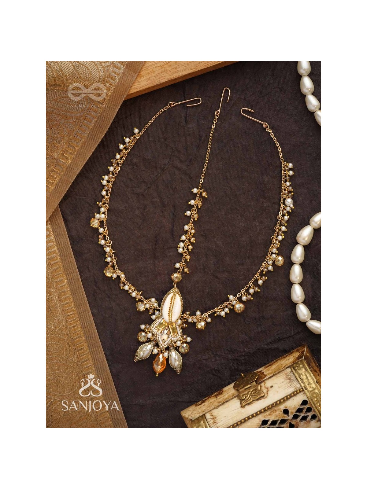 Daksayanina - Champagne Frost - Beads, Shells And Glass Drops Hand Embroidered Maangtika