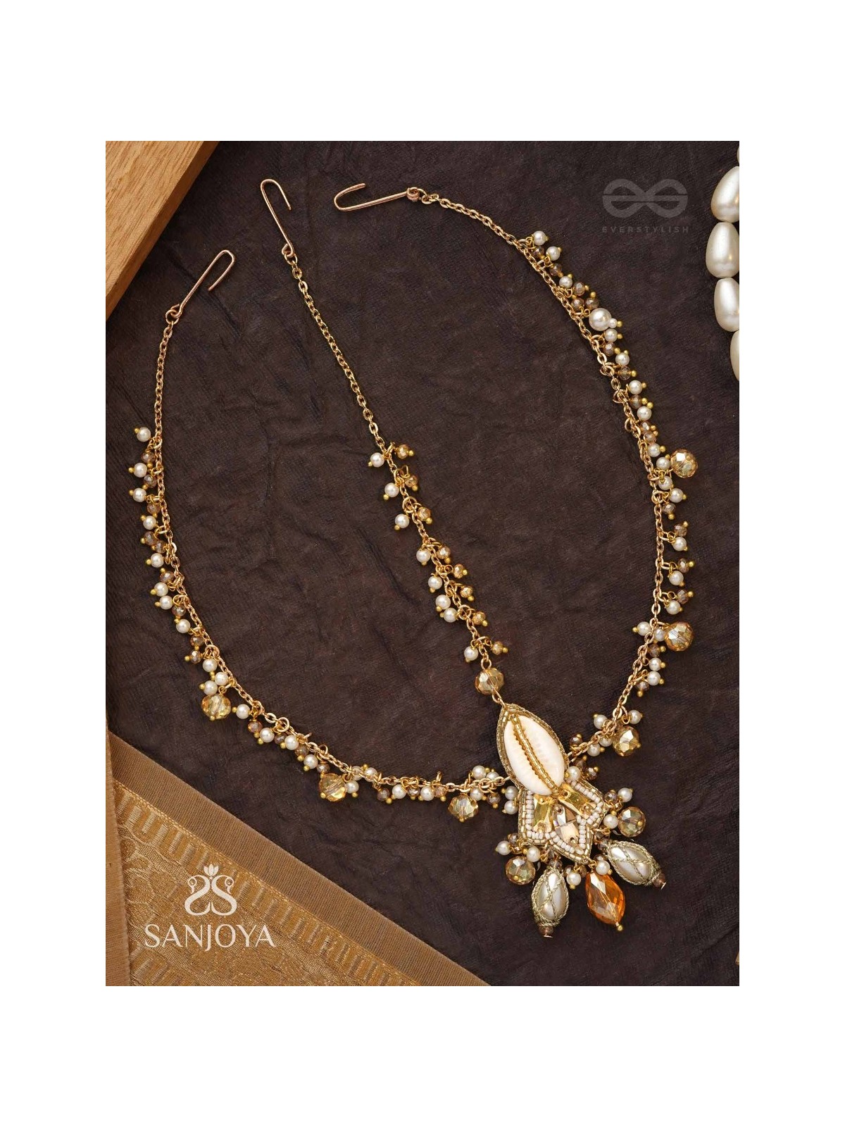 Daksayanina - Champagne Frost - Beads, Shells And Glass Drops Hand Embroidered Maangtika