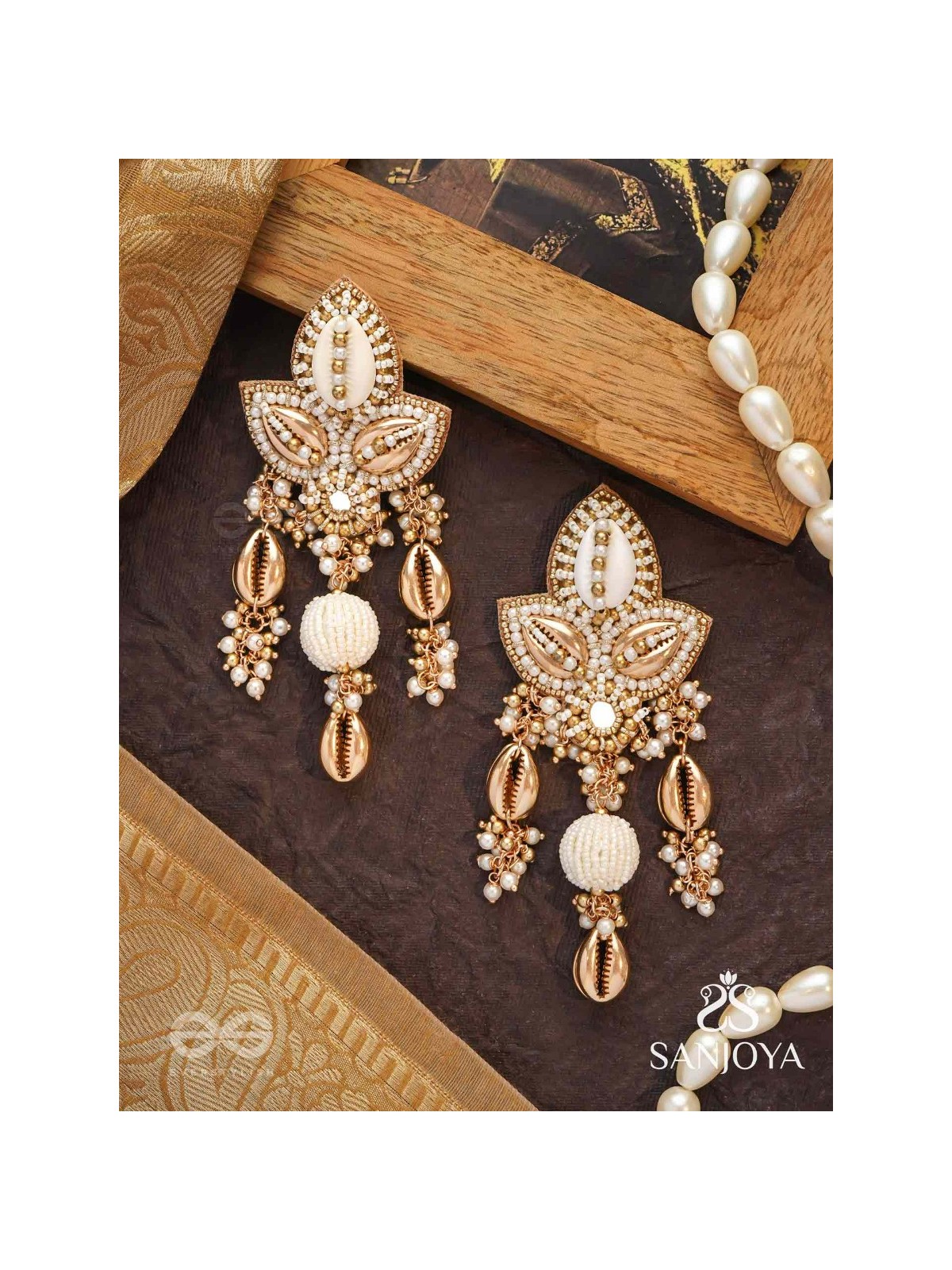 Pavi - Winter Wonderland - Beads And Shells Hand Embroidered Earrings