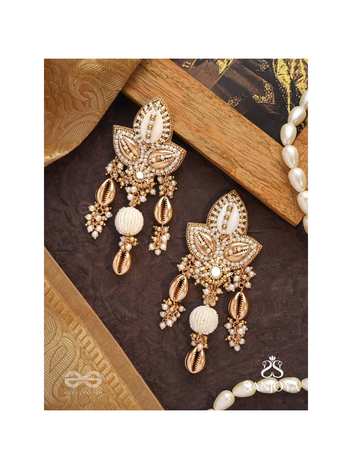 Pavi - Winter Wonderland - Beads And Shells Hand Embroidered Earrings