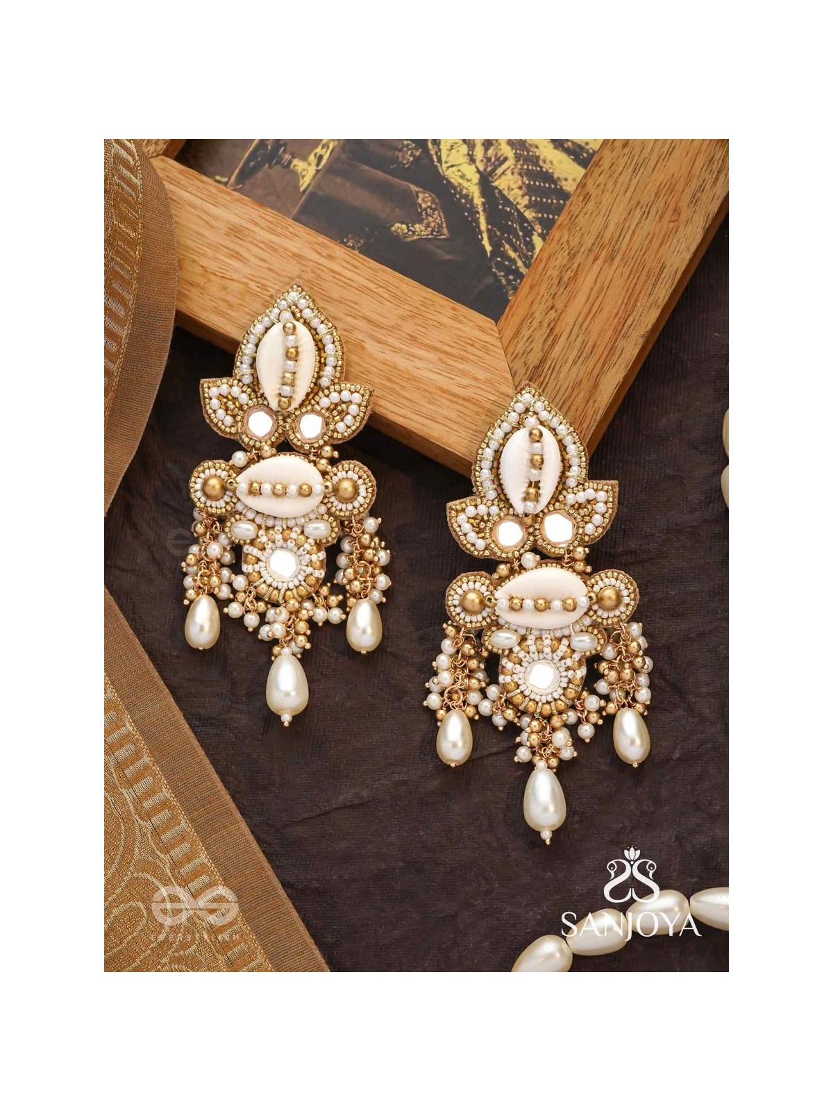 Savitra - Frosty Lily - Beads, Shells And Pearl Drops Hand Embroidered Earrings