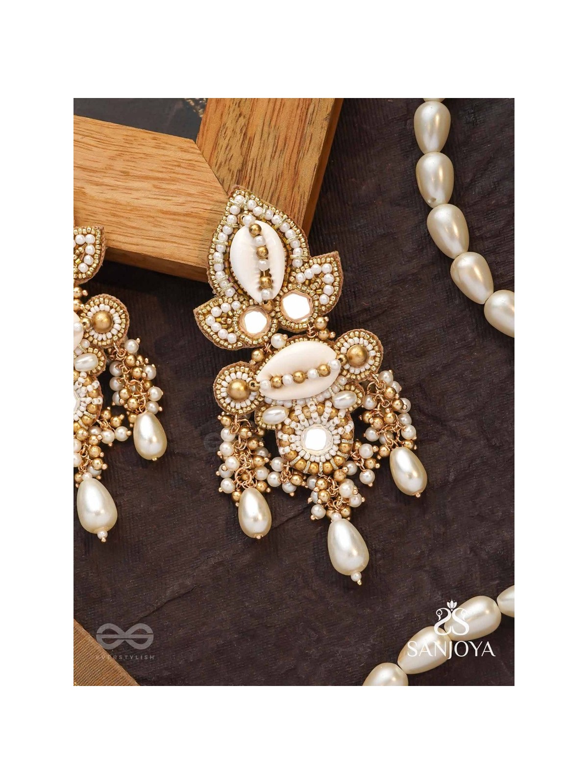Savitra - Frosty Lily - Beads, Shells And Pearl Drops Hand Embroidered Earrings