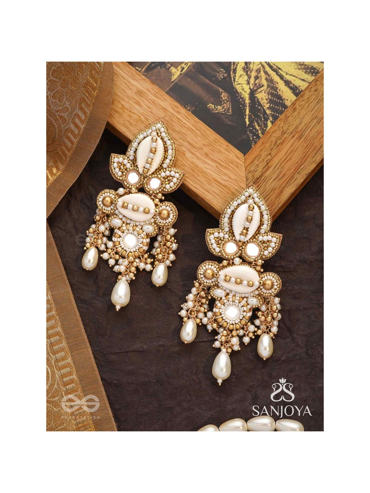 Savitra - Frosty Lily - Beads, Shells And Pearl Drops Hand Embroidered Earrings