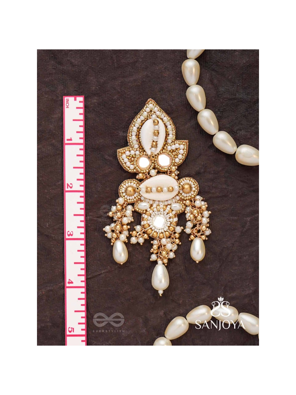 Savitra - Frosty Lily - Beads, Shells And Pearl Drops Hand Embroidered Earrings