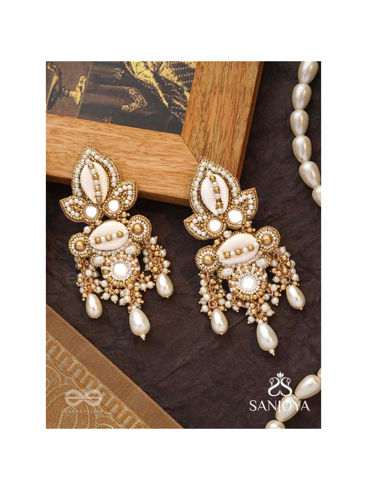 Savitra - Frosty Lily - Beads, Shells And Pearl Drops Hand Embroidered Earrings