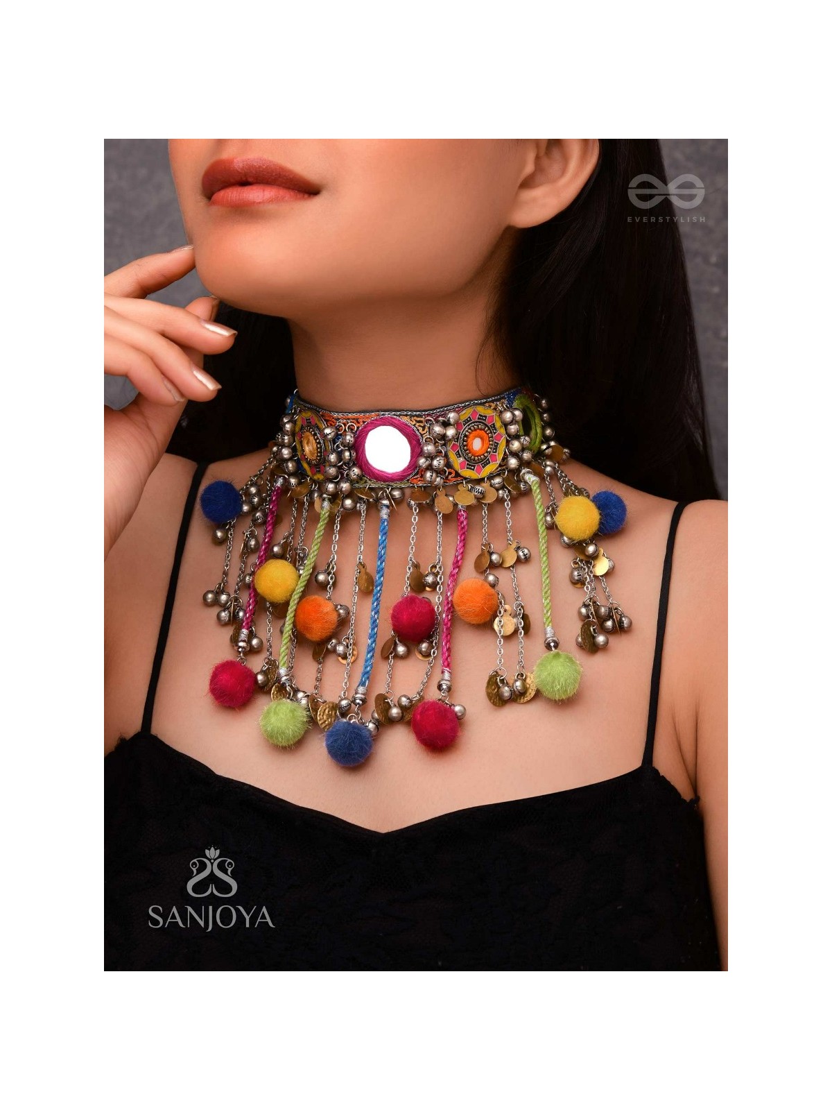 Varnaih - The Shades Of Life - Mirror, Beads And Coins Hand Embroidered Oxidised Neckpiece