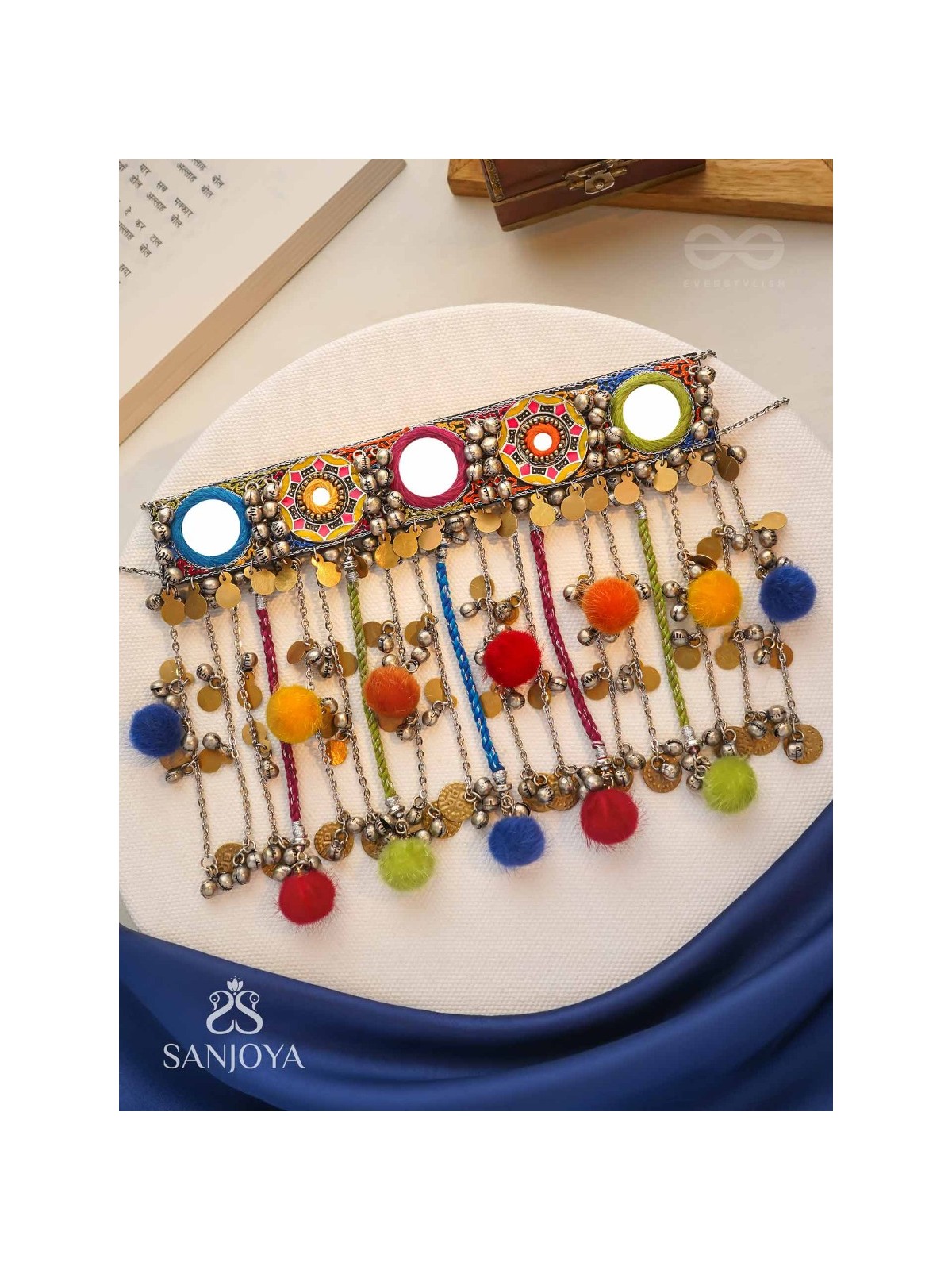 Varnaih - The Shades Of Life - Mirror, Beads And Coins Hand Embroidered Oxidised Neckpiece