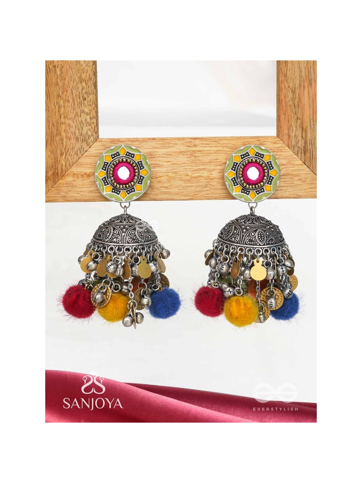Asusama - Hues Of Happiness - Mirror And Coins Hand Embroidered Oxidised Jhumka Earrings